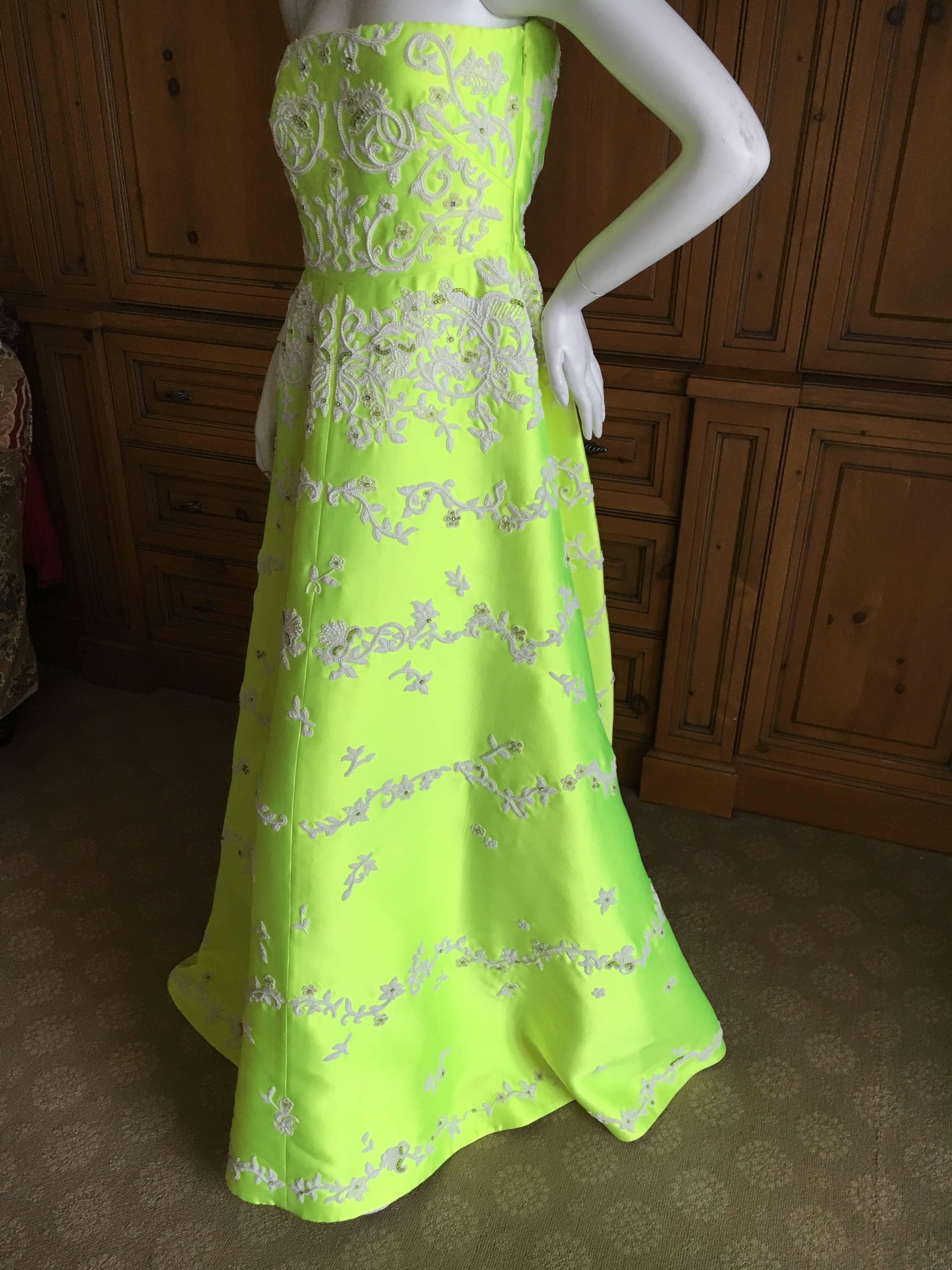 Valentino Neon Yellow Duchesse Satin Pearl Embellished Dress NWT $11, 000 For Sale 1