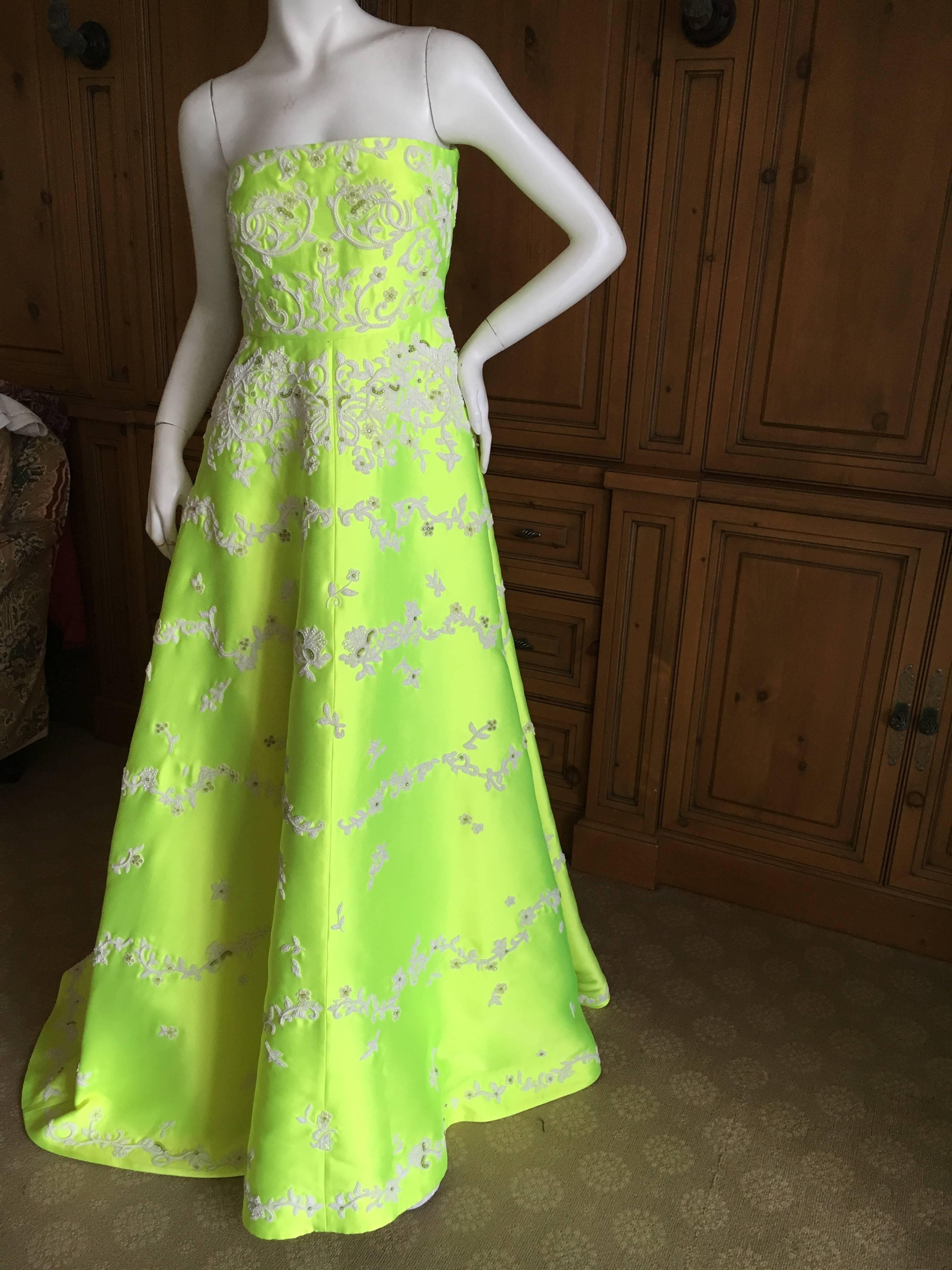 Green Valentino Neon Yellow Duchesse Satin Pearl Embellished Dress NWT $11, 000 For Sale