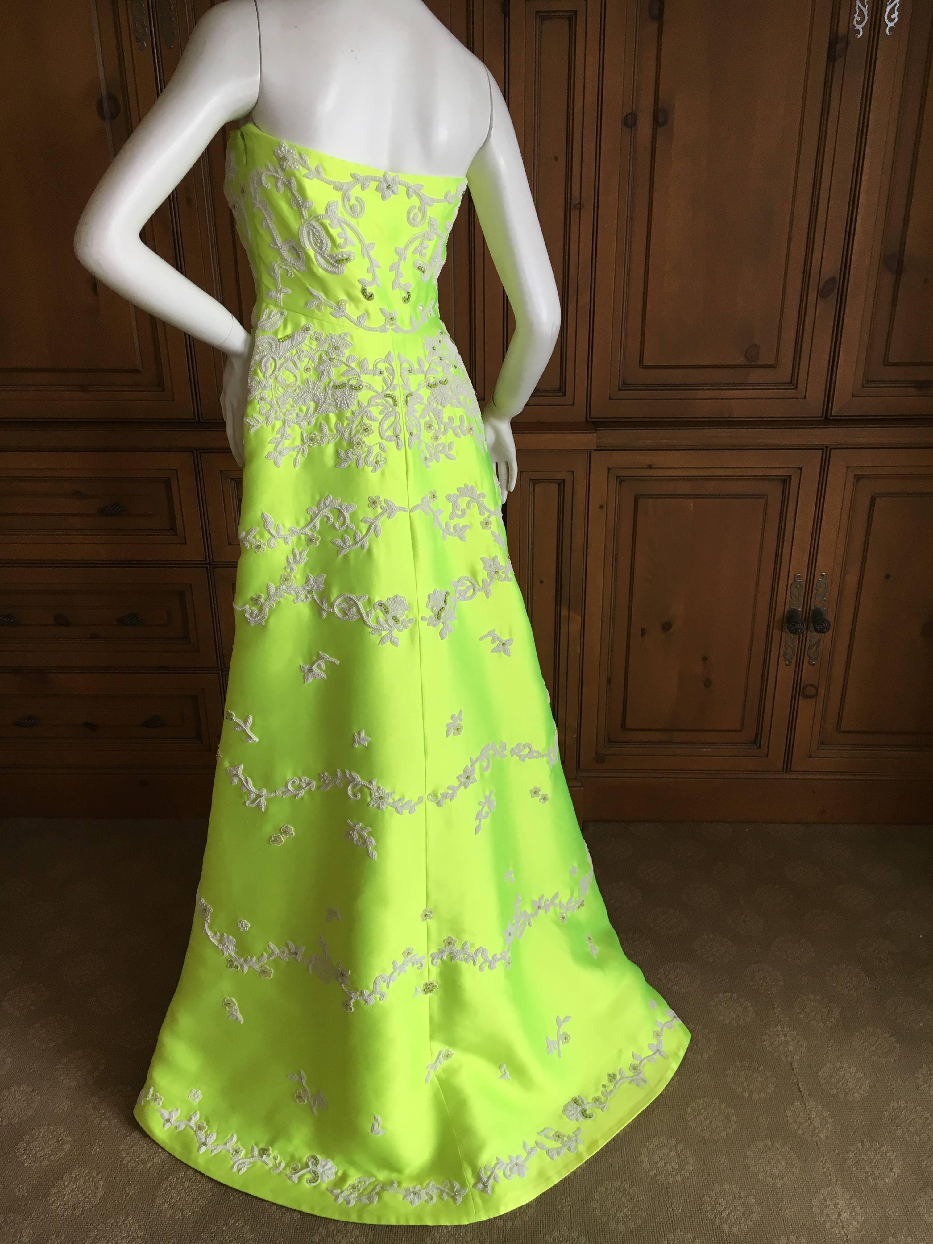 Valentino Neon Yellow Duchesse Satin Pearl Embellished Dress NWT $11, 000 For Sale 2