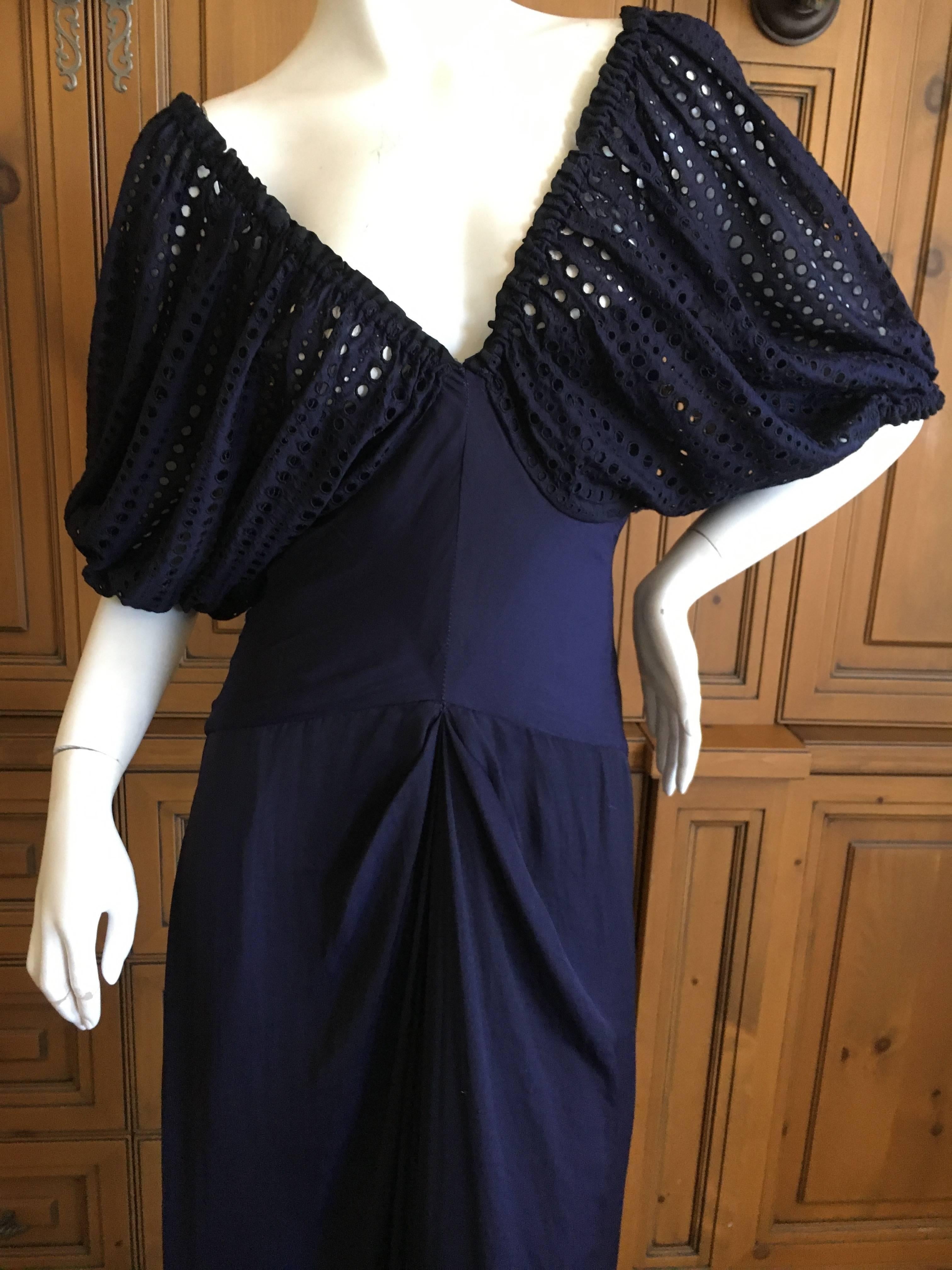 Jean Paul Gaultier Navy Blue Low Cut Evening Dress with Lace Eyelet Lace Sleeves In Excellent Condition In Cloverdale, CA