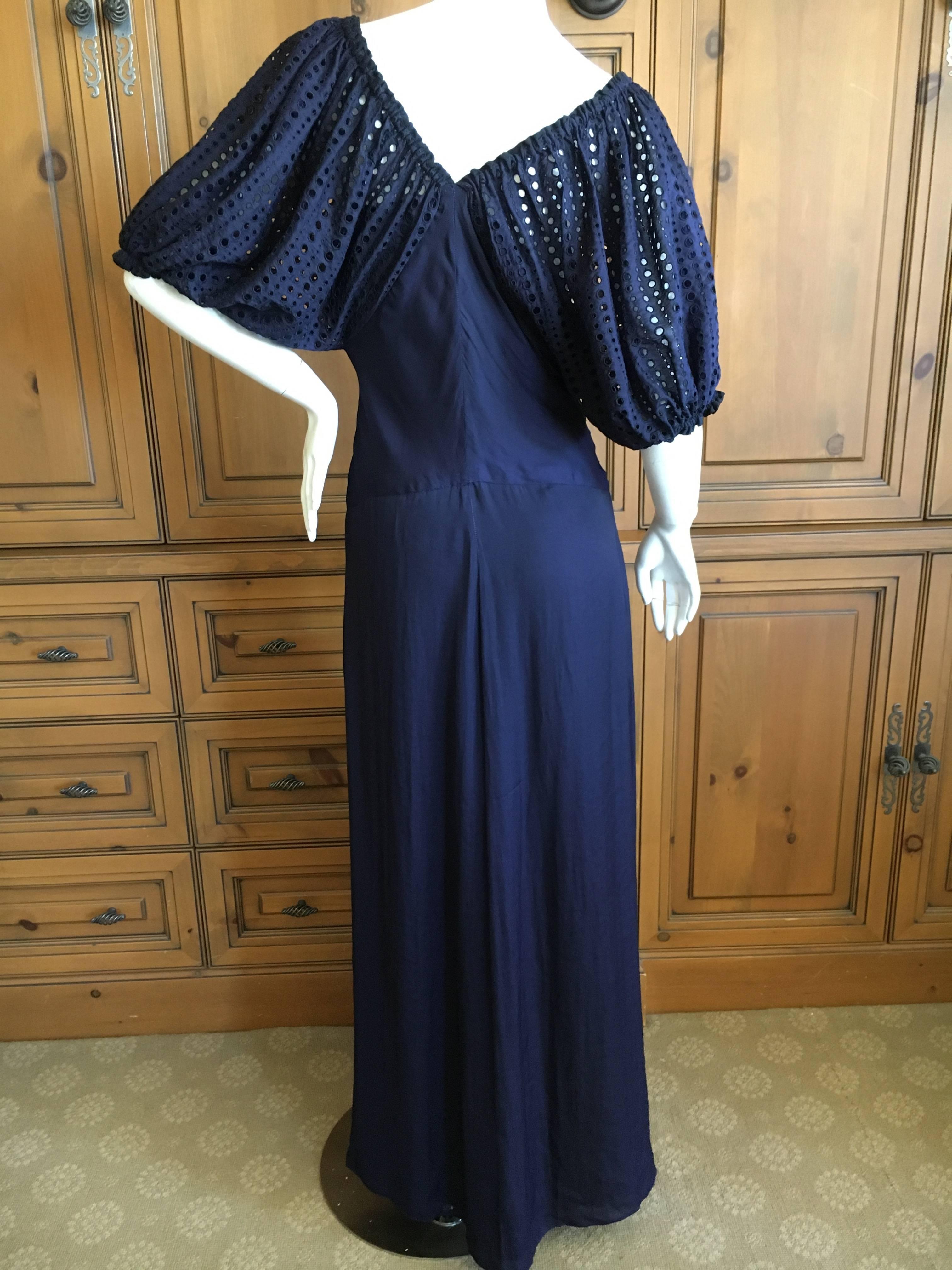 Jean Paul Gaultier Navy Blue Low Cut Evening Dress with Lace Eyelet Lace Sleeves 4