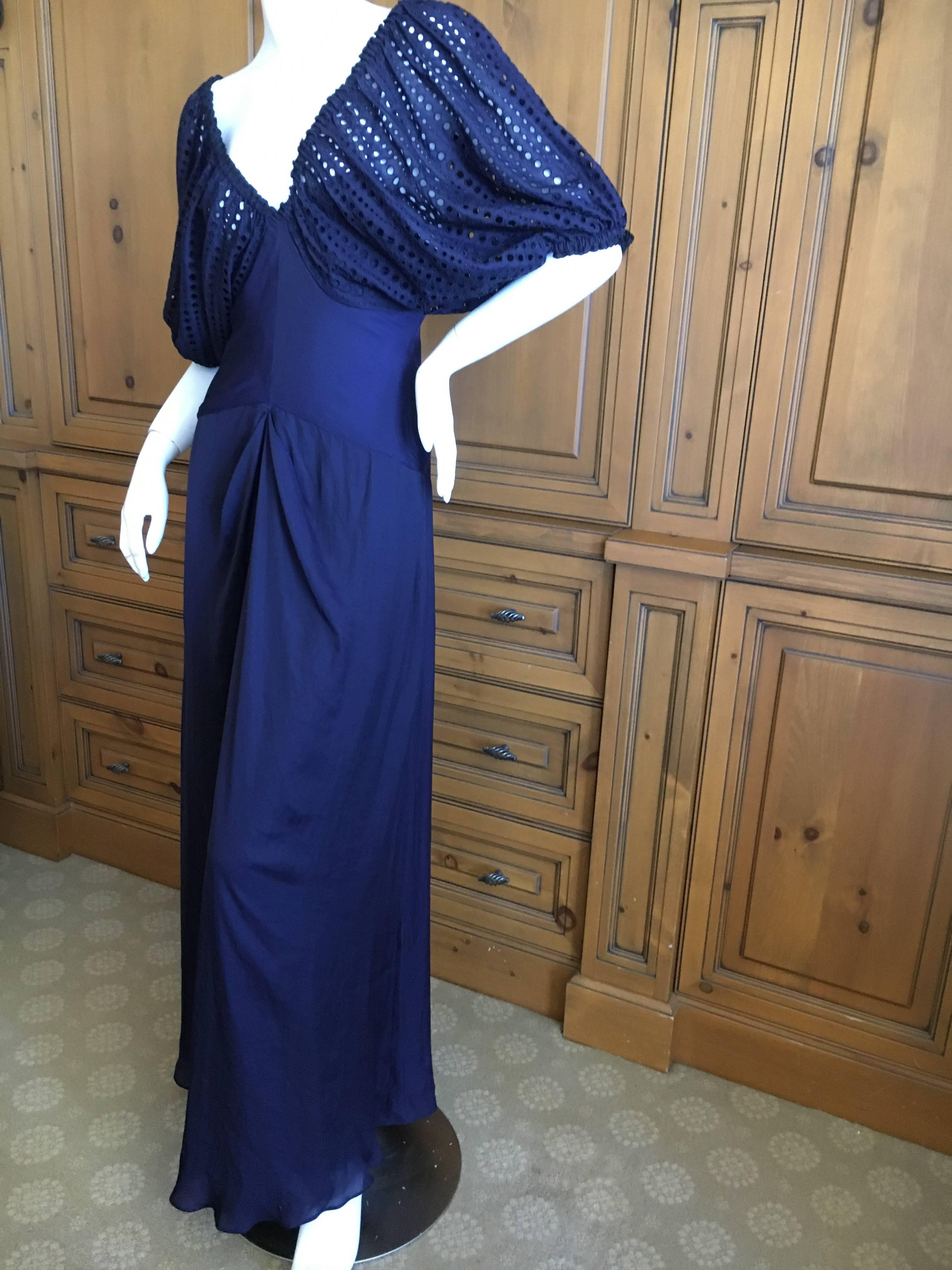 Jean Paul Gaultier Navy Blue Low Cut Evening Dress with Lace Eyelet Lace Sleeves 3
