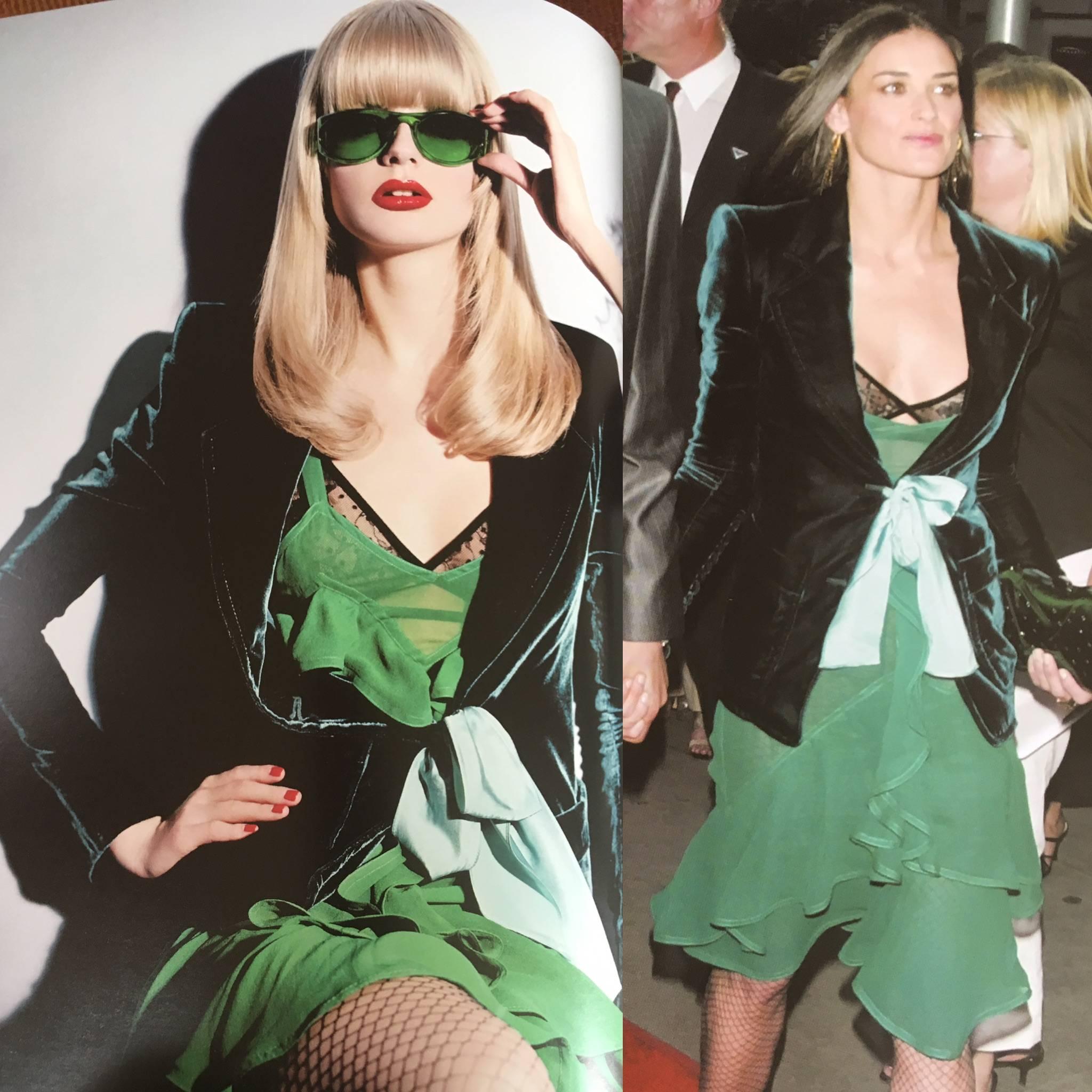 Yves Saint Laurent by Tom Ford Fall 2003 Green Ruffle Dress and Matching Teal Velvet Jacket
Look 1 from Fall 2003
There is a lot of stretch in the dress fabric.
sz M
Bust 34”
Waist 26”
Hip 30”
Length 45”
Jacket Size 
40 (M)
Bust 38"
Excellent