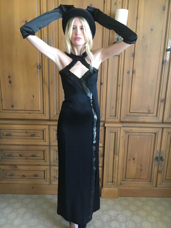1970s Loris Azzaro Couture Sequin Accented Black Evening Bondage Dress ...