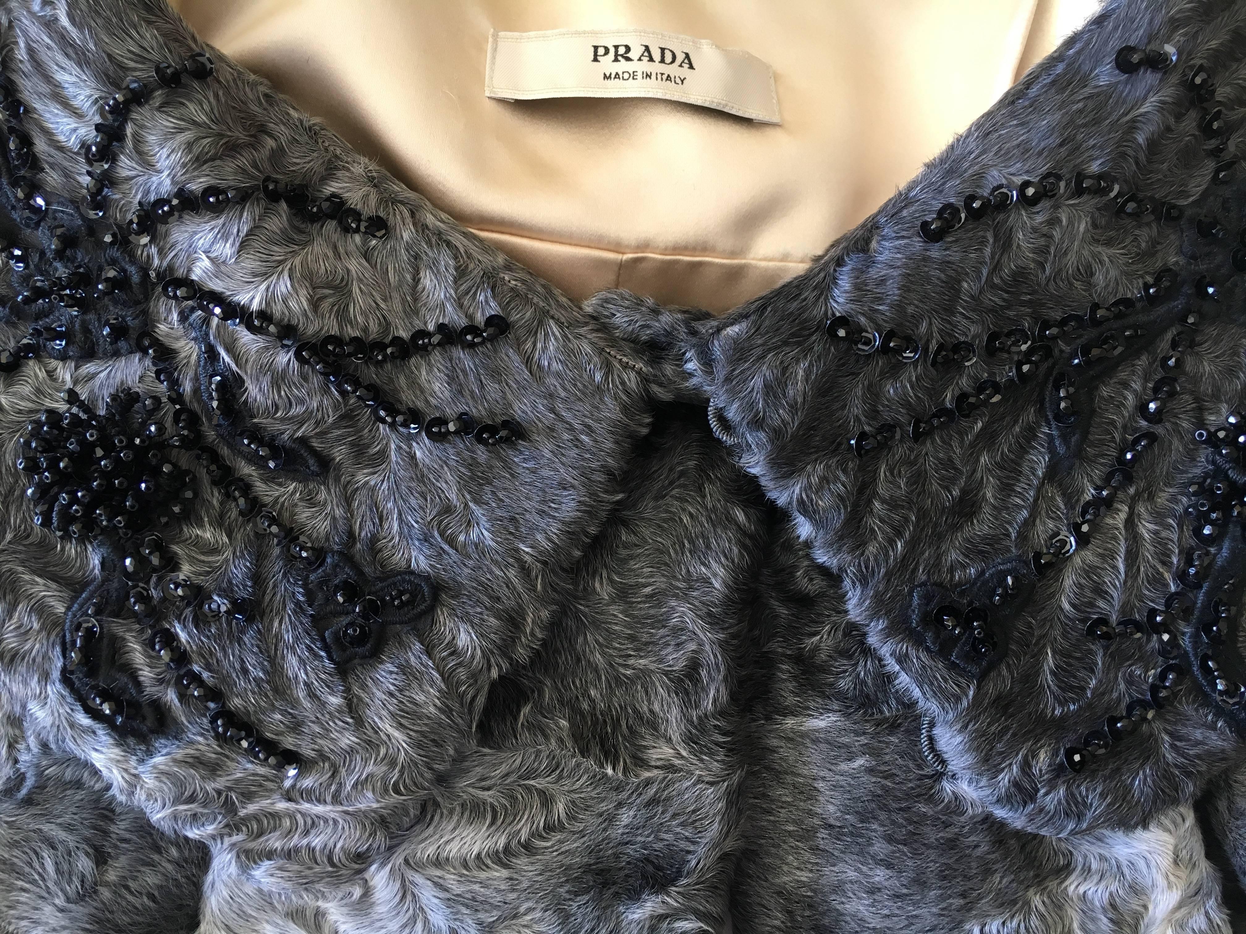 Prada Gray Broadtail Cape with Jet Bead Embellished Collar For Sale 3