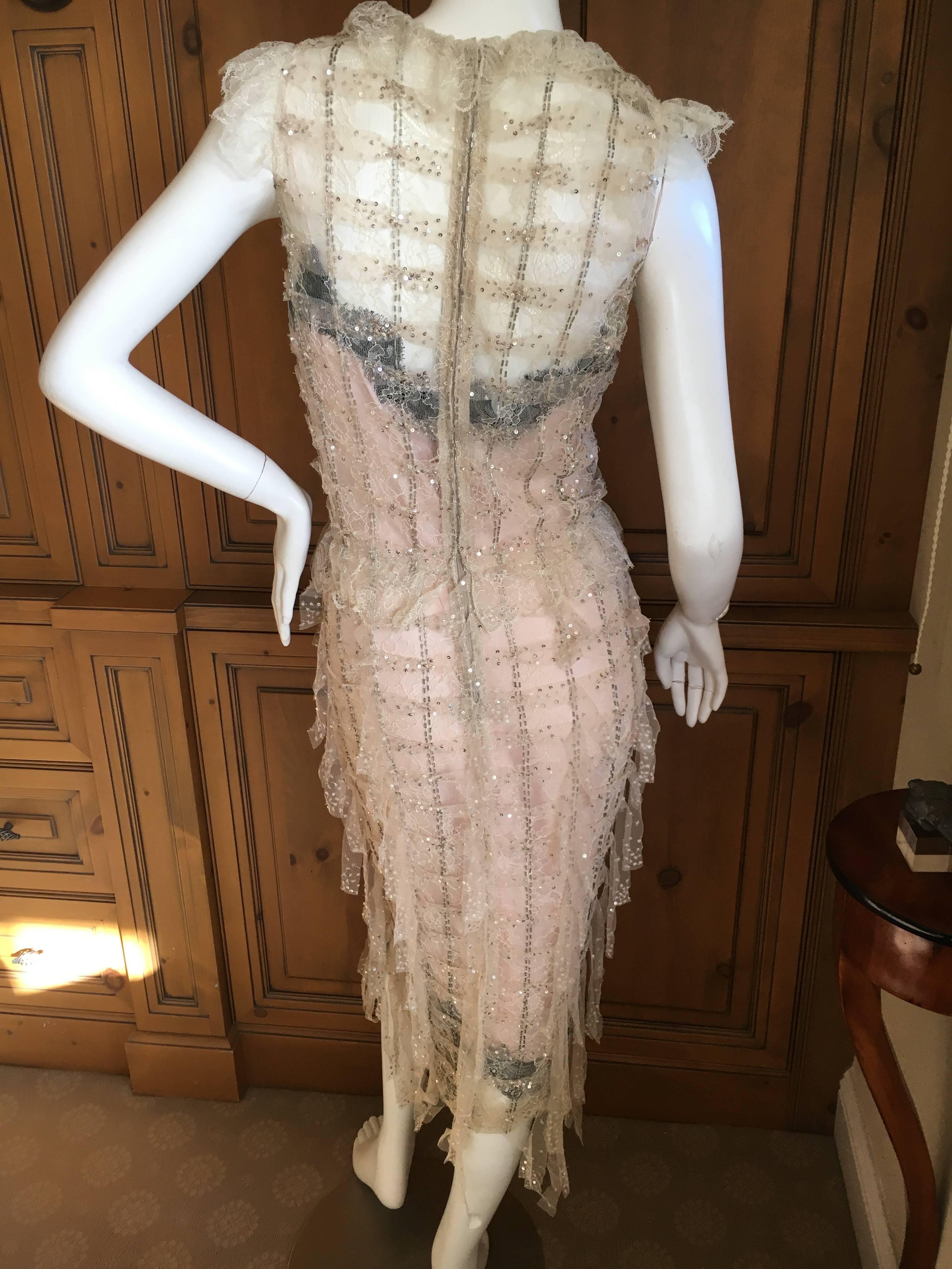  Oscar de la Renta Sheer Embellished Vintage Tiered Ruffle Trim Evening Dress  For Sale 3