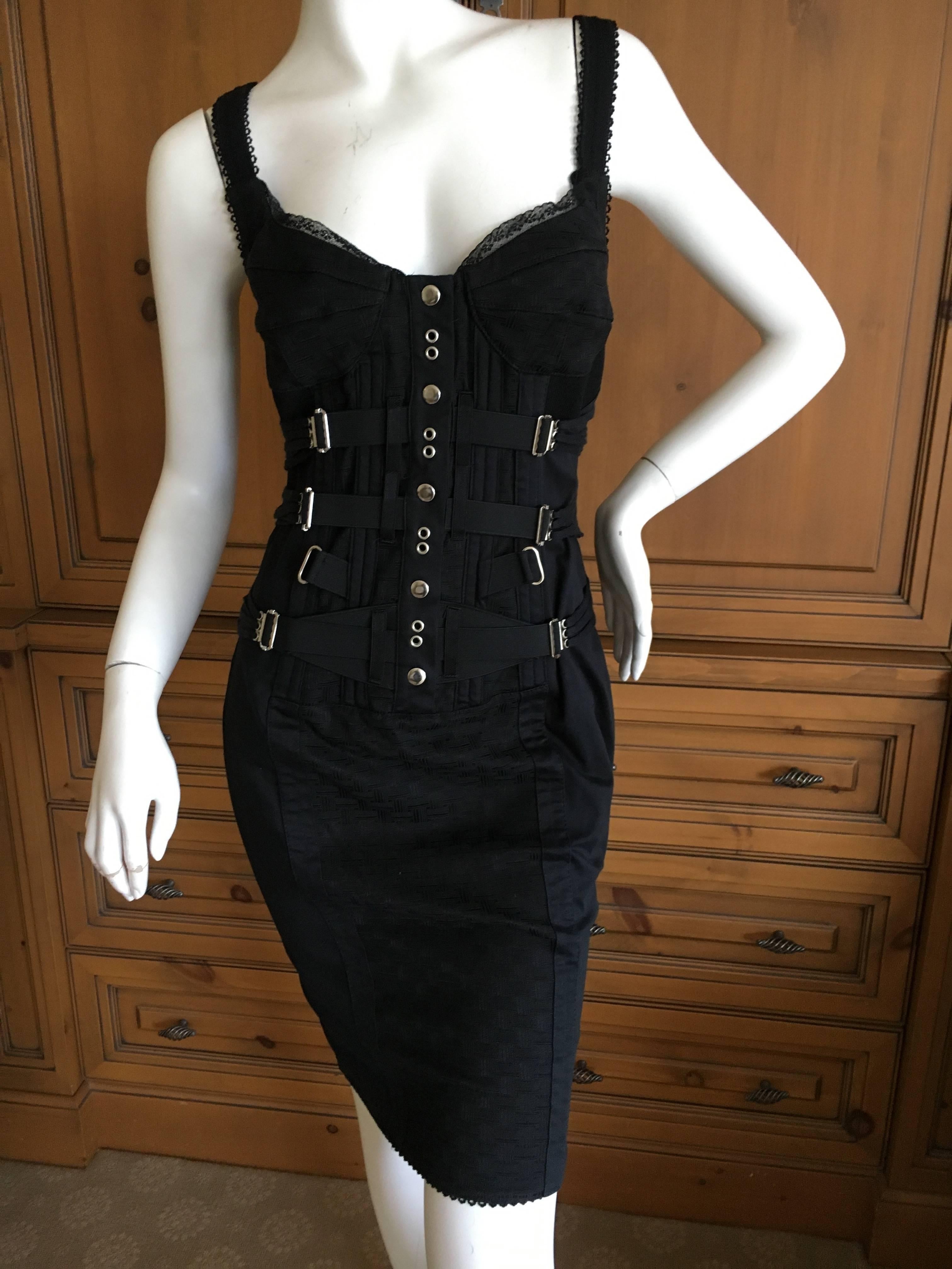 Dolce & Gabbana Vintage D&G Lace Trim Bondage Strap Little Black Dress In Excellent Condition For Sale In Cloverdale, CA