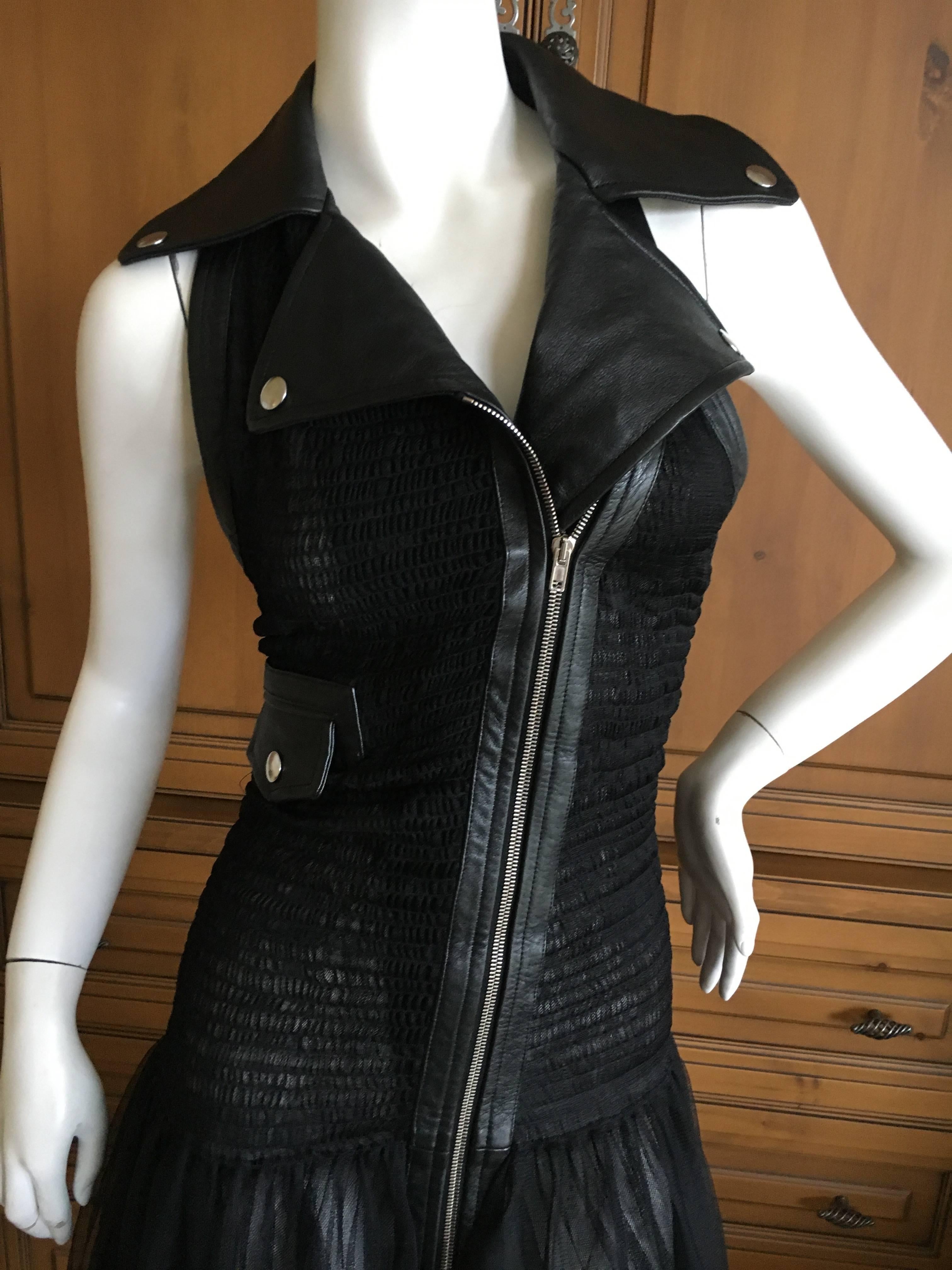 Women's Jean Paul Gaultier Sheer Black Leather Trimmed Moto Style Dress