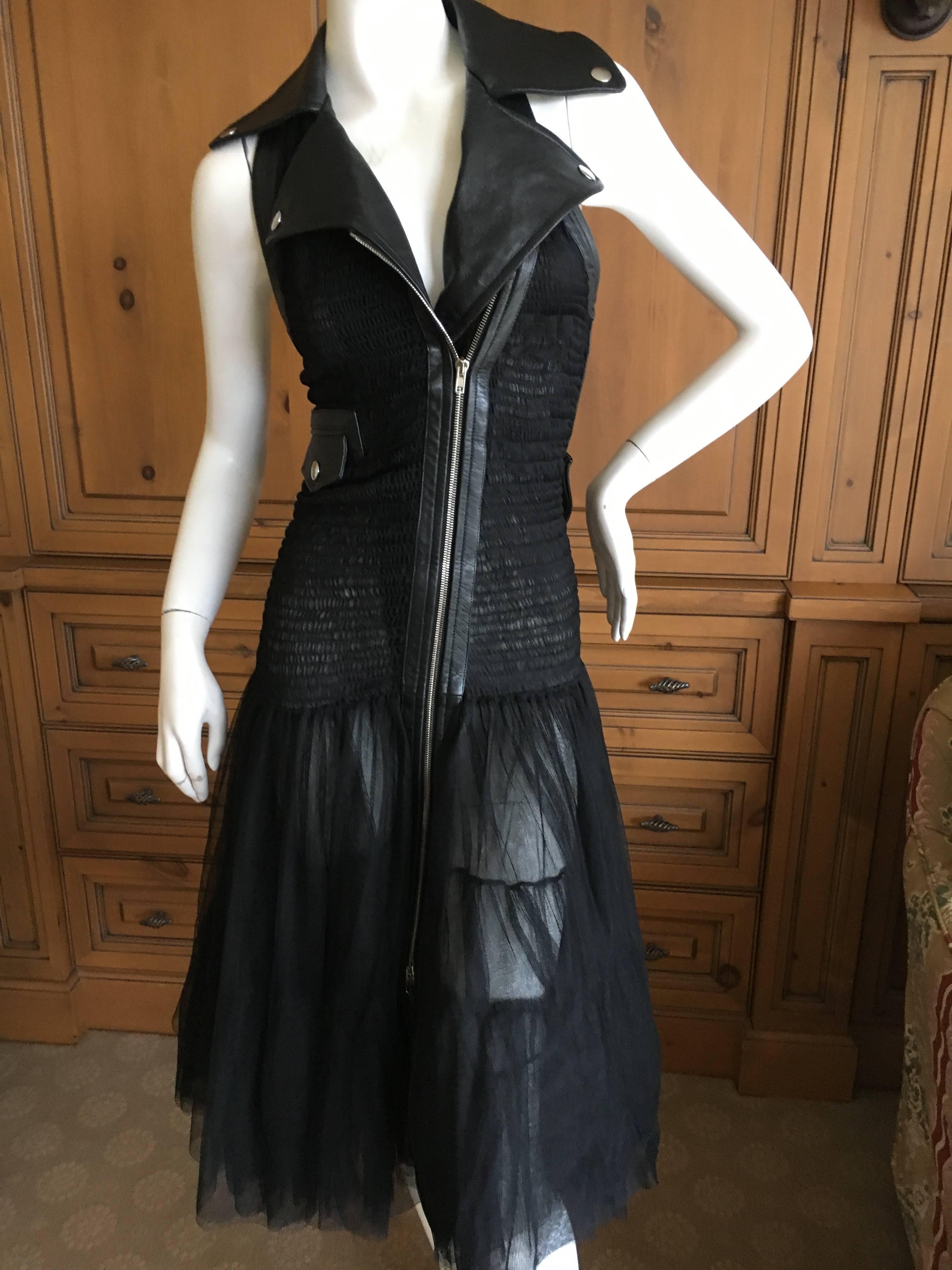 Jean Paul Gaultier Sheer Black Leather Trimmed Moto Style Dress In Excellent Condition In Cloverdale, CA