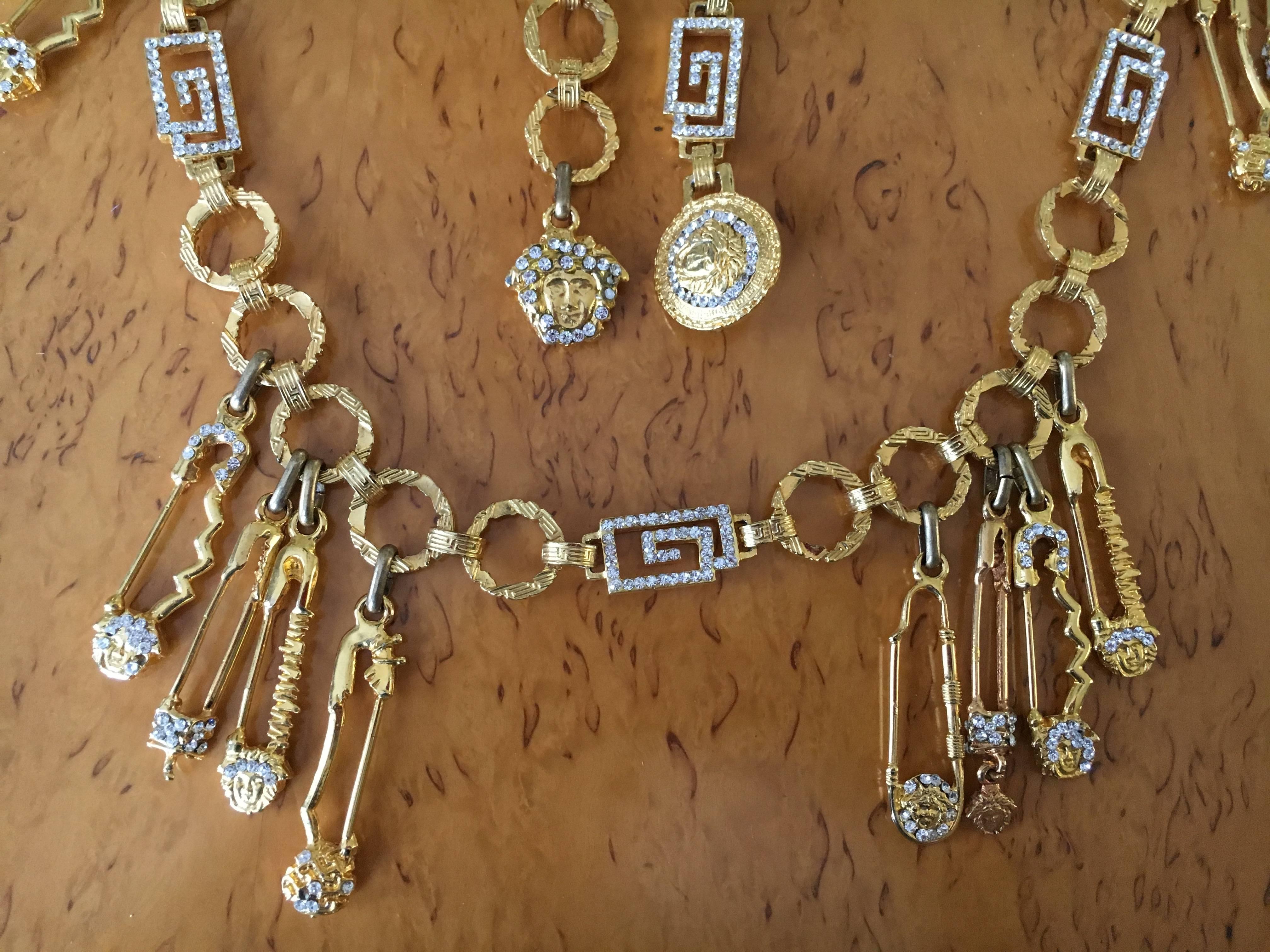 Gianni Versace Rare Vintage Crystal Embellished Greek Key Safety Pin Medusa Bel For Sale 2