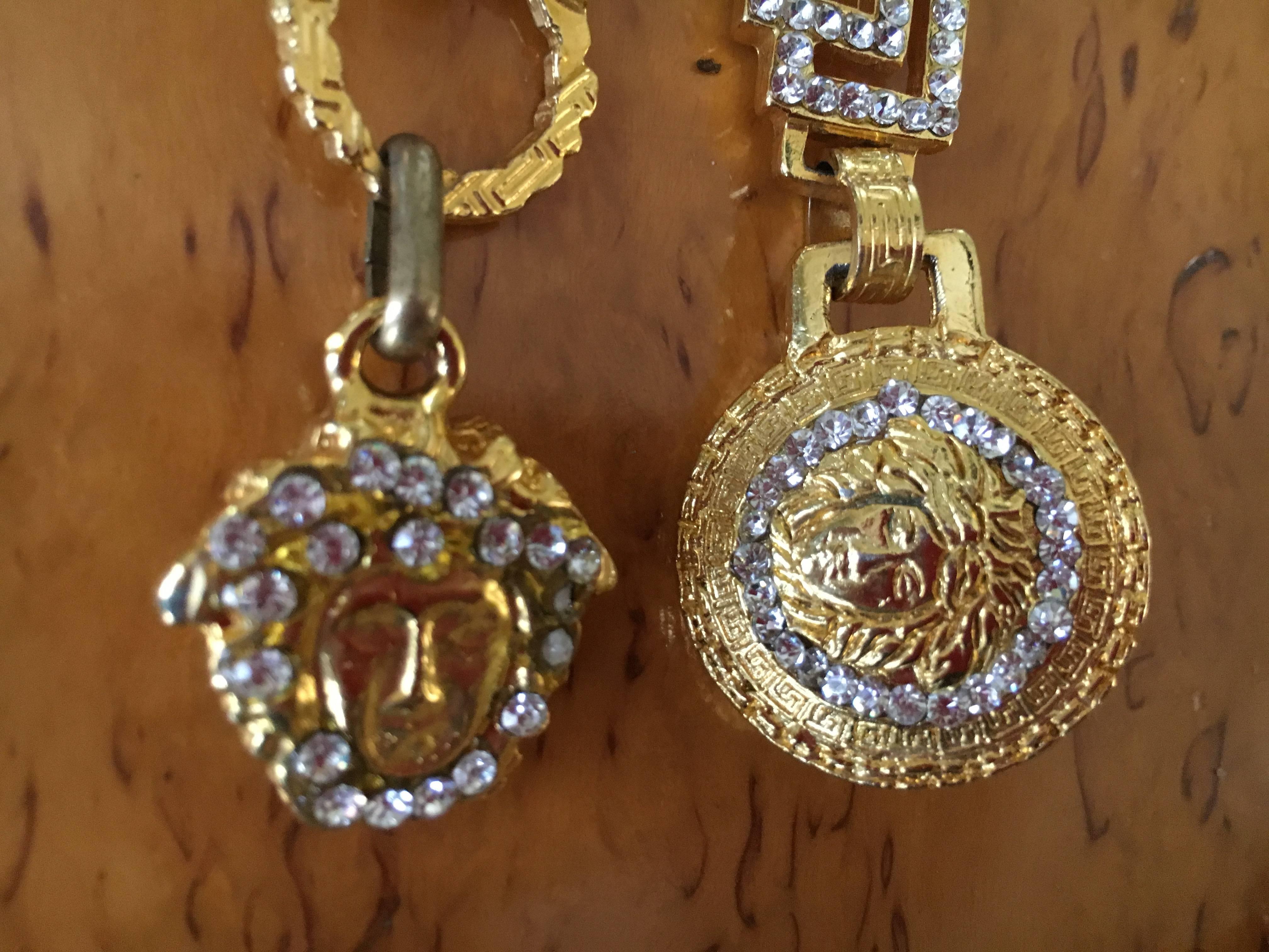 Beige Gianni Versace Rare Vintage Crystal Embellished Greek Key Safety Pin Medusa Bel For Sale