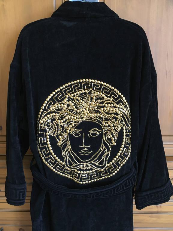 Versace Black Terrycloth Robe with Gold Bead Embellished Medusa Back