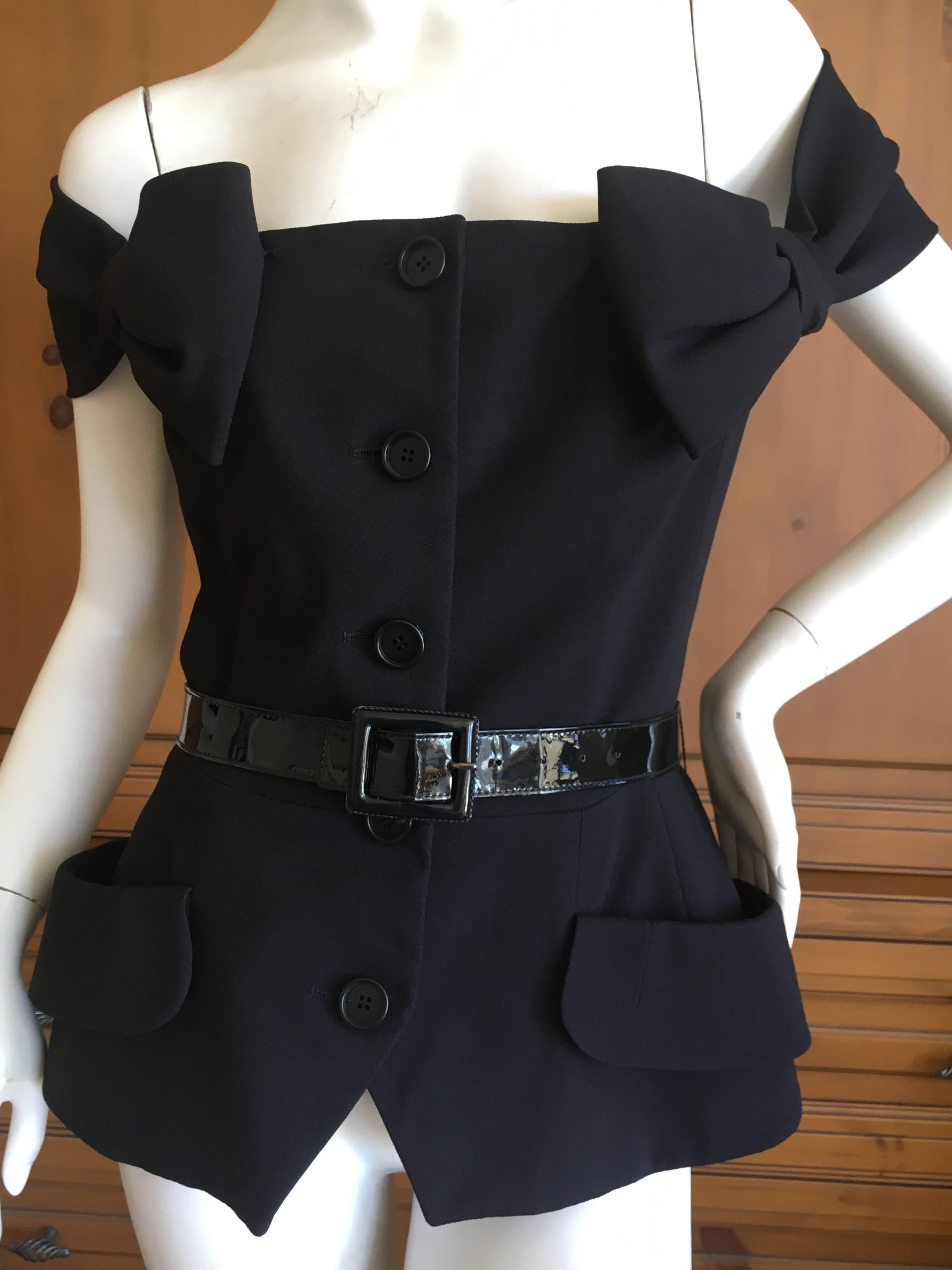 Christian Dior by John Galliano 2011 Black Off the Shoulder Jacket with Bows.
So chic, pure Galliano.
The original belt is gone, I am including a YSL Rive Guache belt in black patent leather, as seen in the photos.
Size 42
Bust 36"
Waist