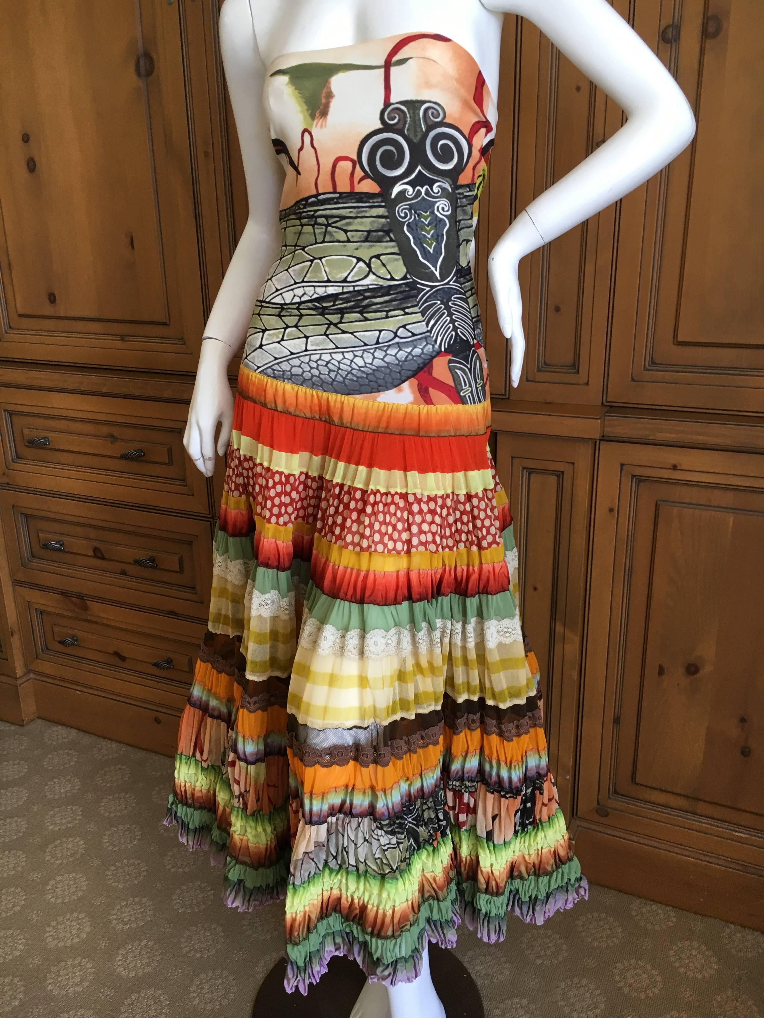 Jean Paul Gaultier Maile Dragonfly Pattern Strapless Dress with Gypsy Skirt.
Wonderful technicolor ruffled layered gypsy skirt, this is New with Tags, never worn.
Size M
Bust 38'
Waist 26"
Hips 45"
Length 44"
Excellent unworn condition