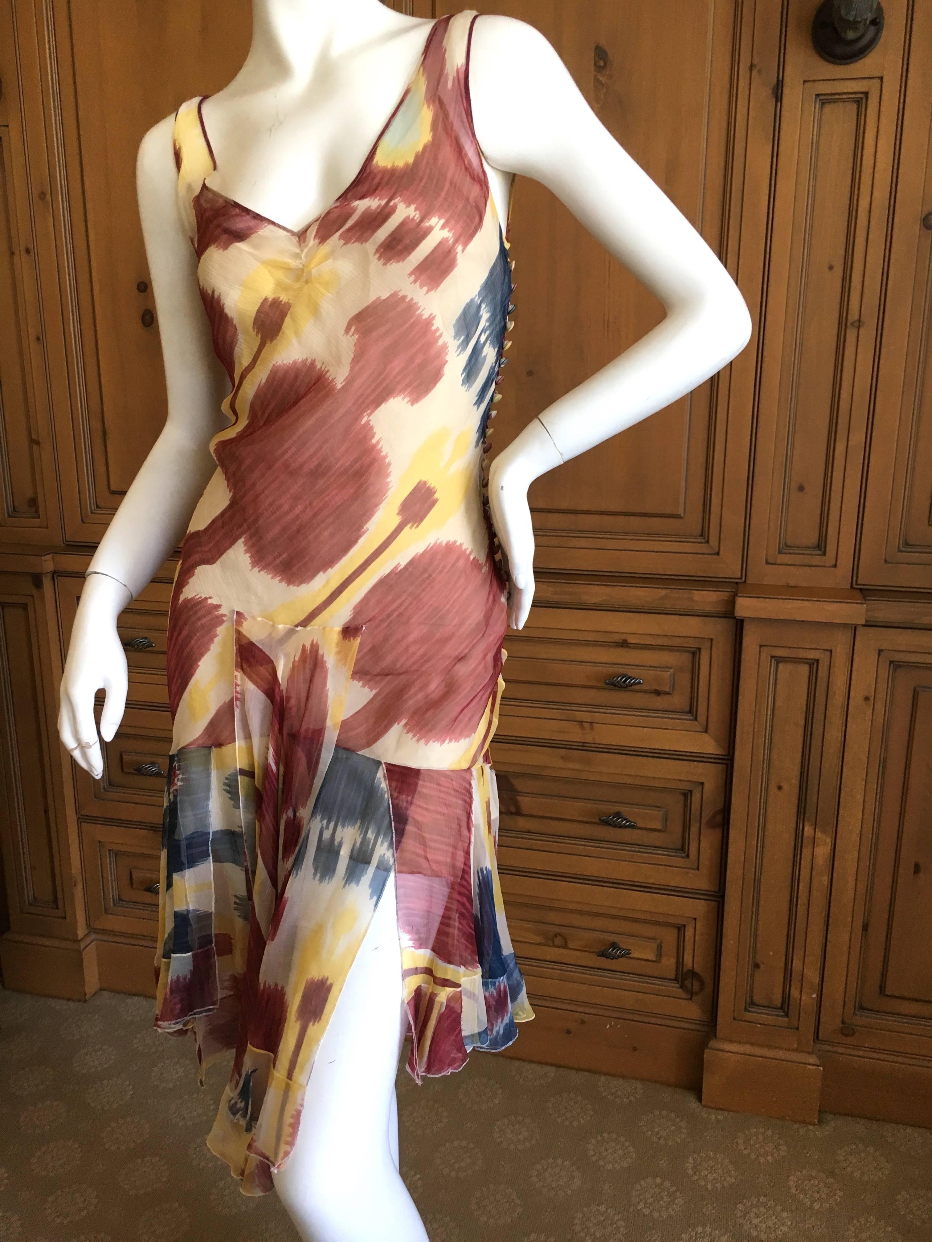 Christian Dior Sheer Silk Chiffon Ikat Print Dress by John Galliano.
This is very sheer silk chiffon, and it comes with a nude color slip.