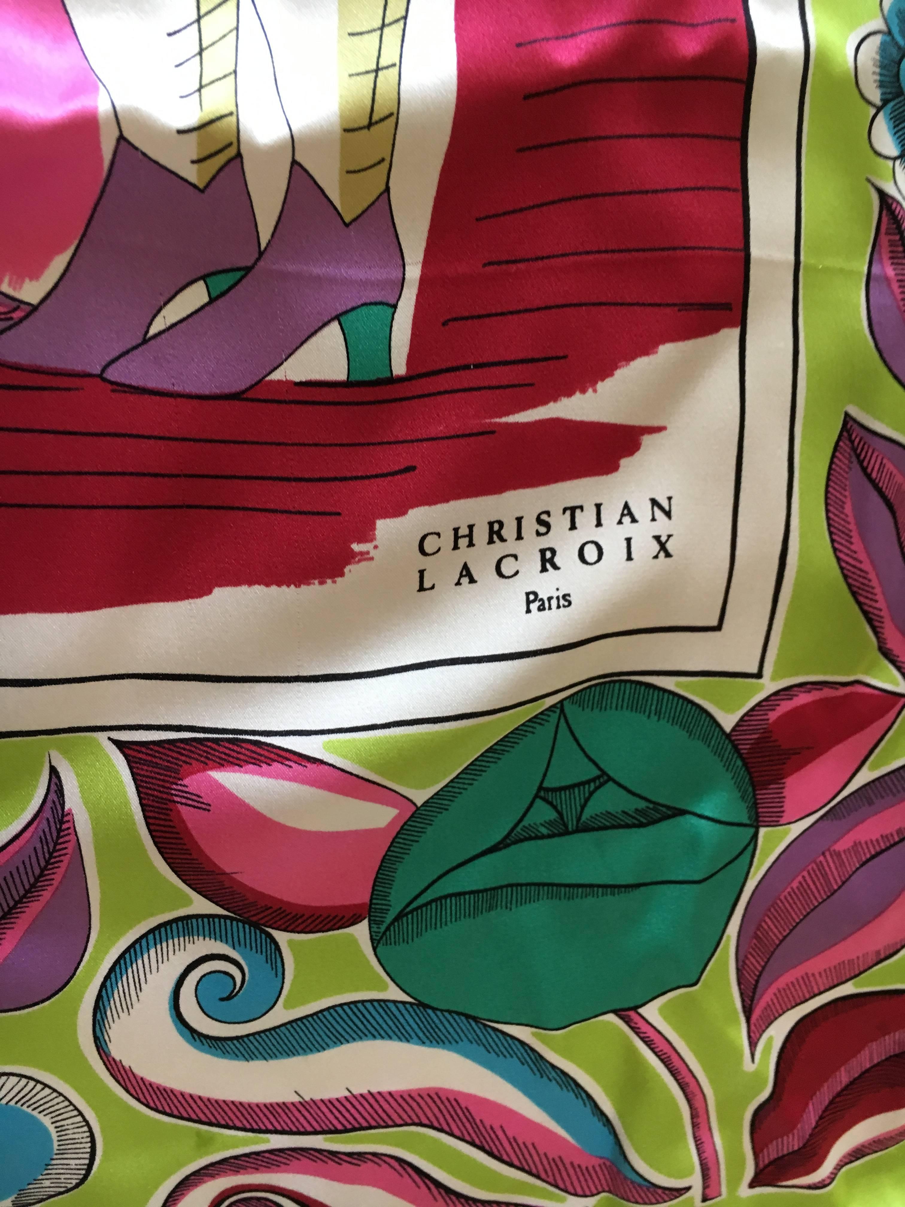 Christian Lacroix 1980's Witty Silk Fashion Scene Silk Scarf Drawing by Lacroix For Sale 1