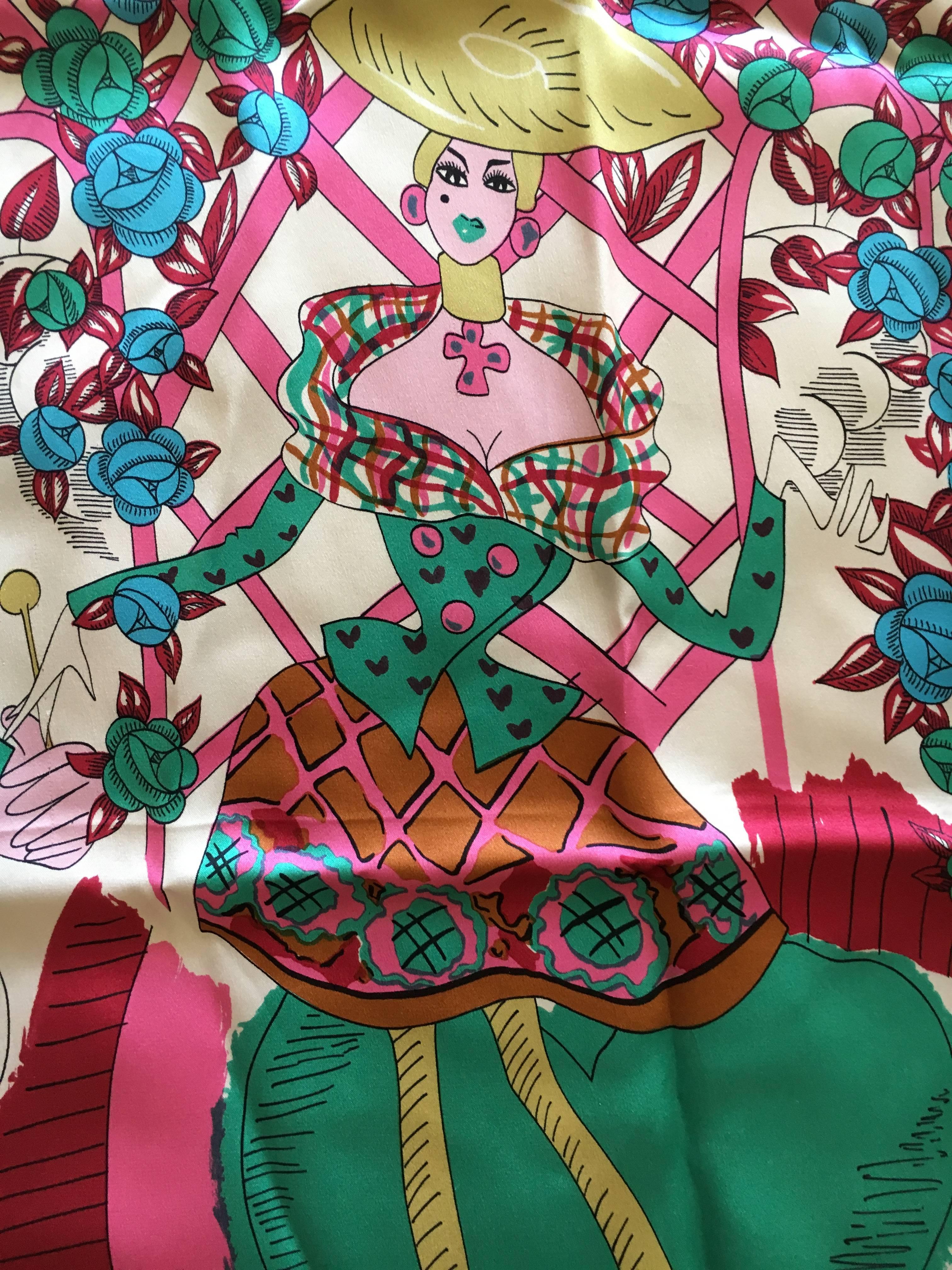 Christian Lacroix 1980's Witty Silk Fashion Scene Silk Scarf  with a Drawing by Lacroix.
Lacroix's illustration and fashion drawings are always so delightful.
35" square.