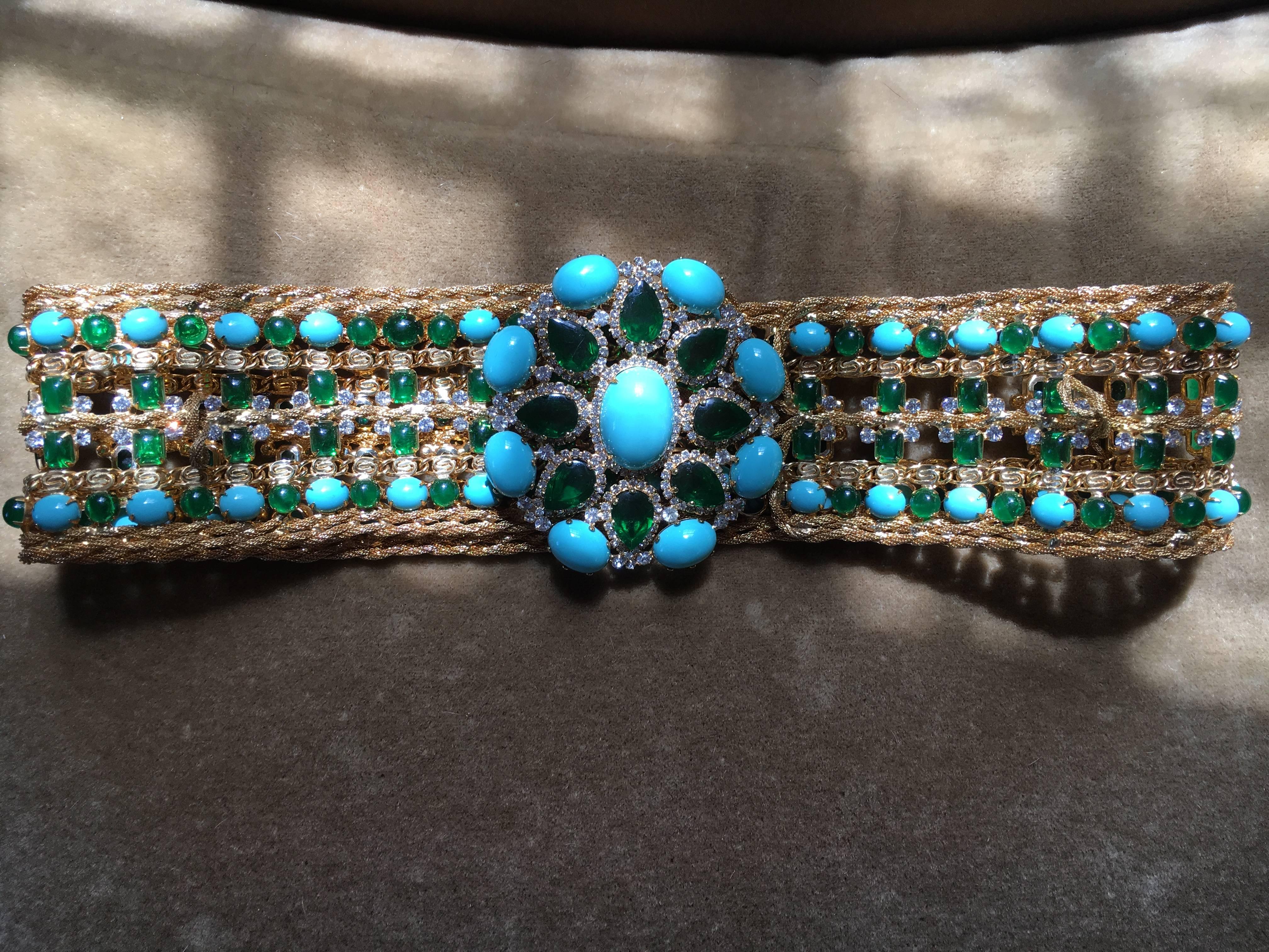 Kenneth Jay Lane Gobsmacking 1960's Faux Turquoise & Emerald Belt In Excellent Condition For Sale In Cloverdale, CA