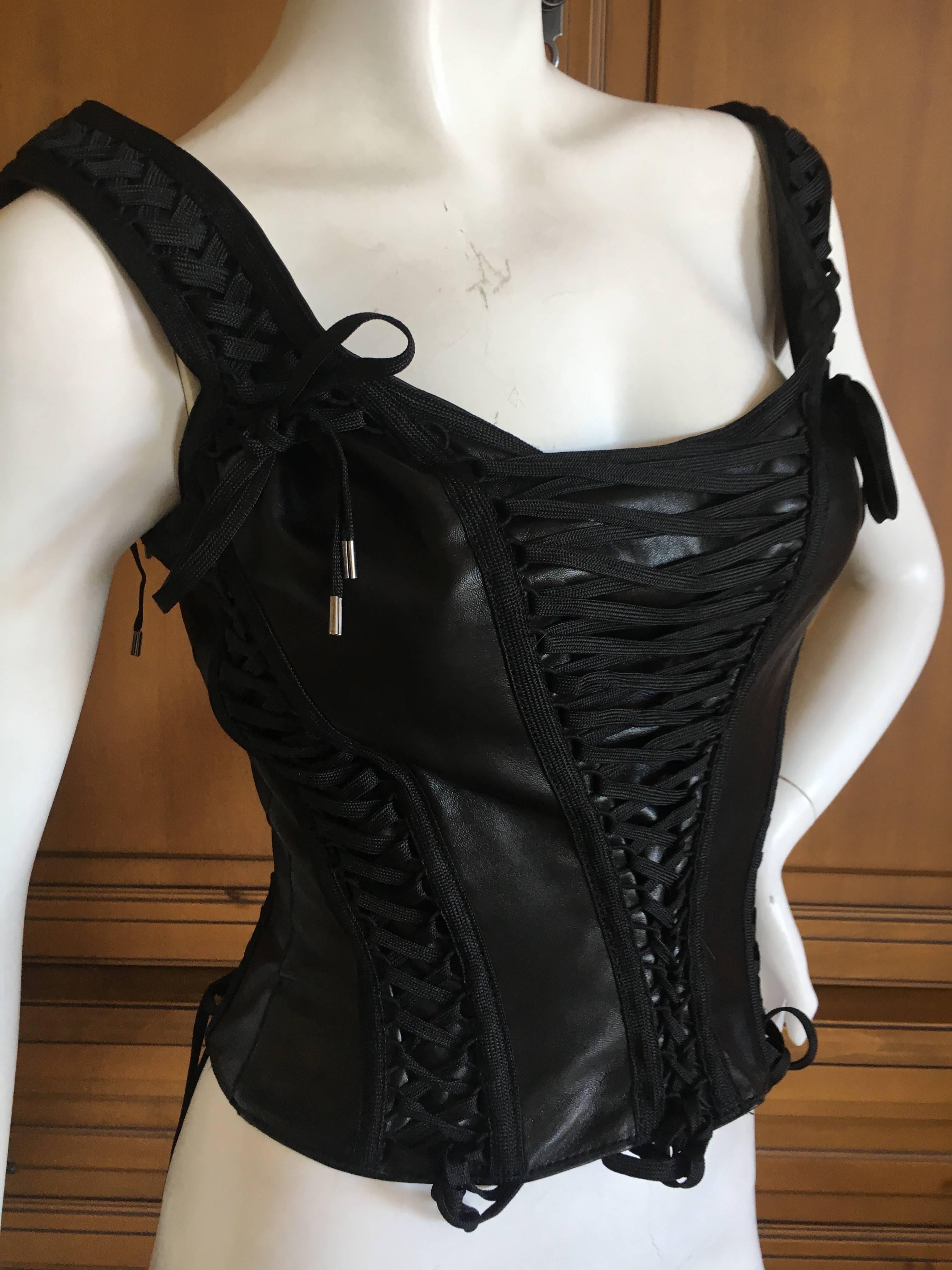 Women's Christian Dior by John Galliano Black Leather Corset Lace Bondage Sleeveless Top