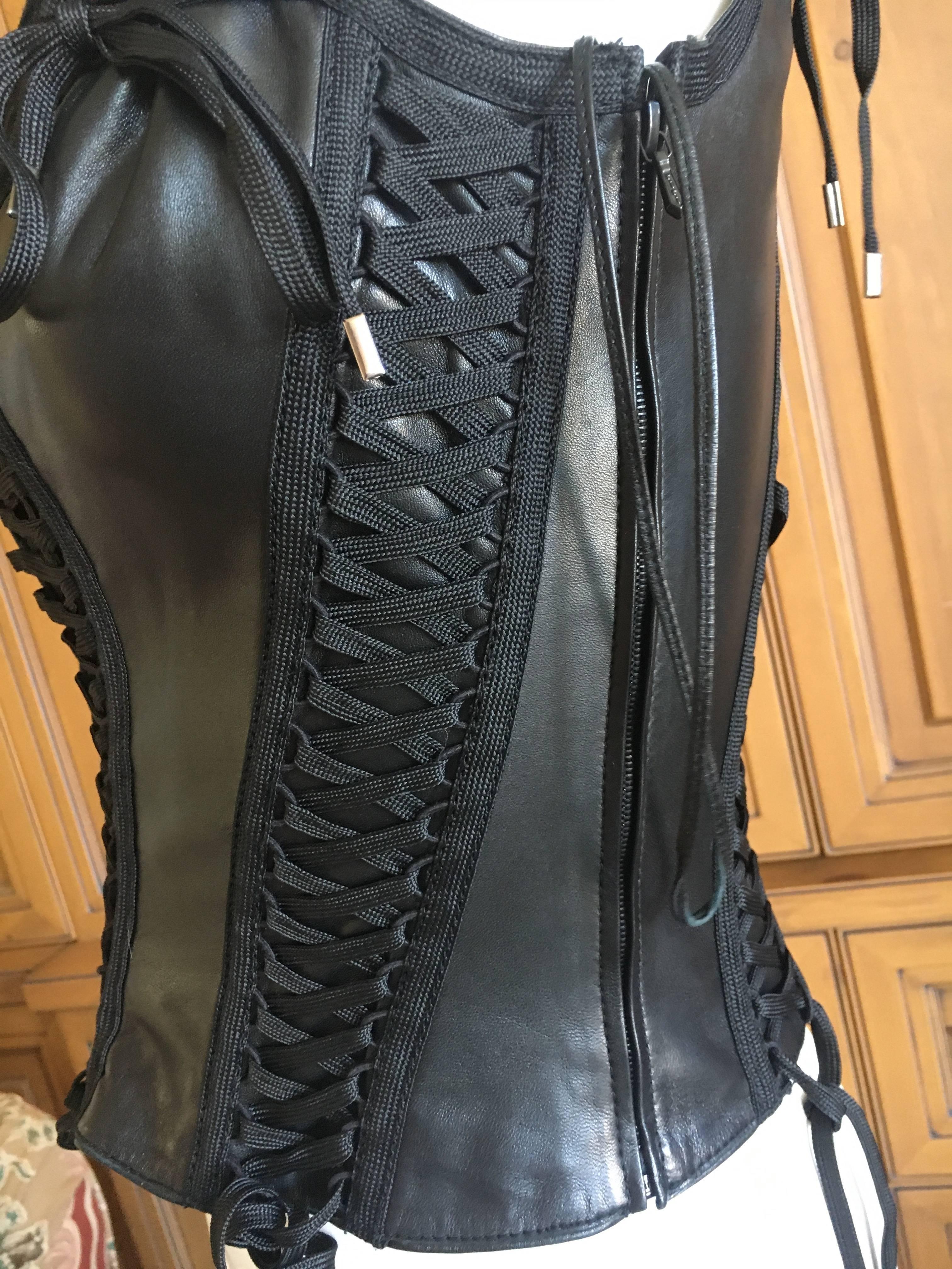 Christian Dior by John Galliano Black Leather Corset Lace Bondage Sleeveless Top 2