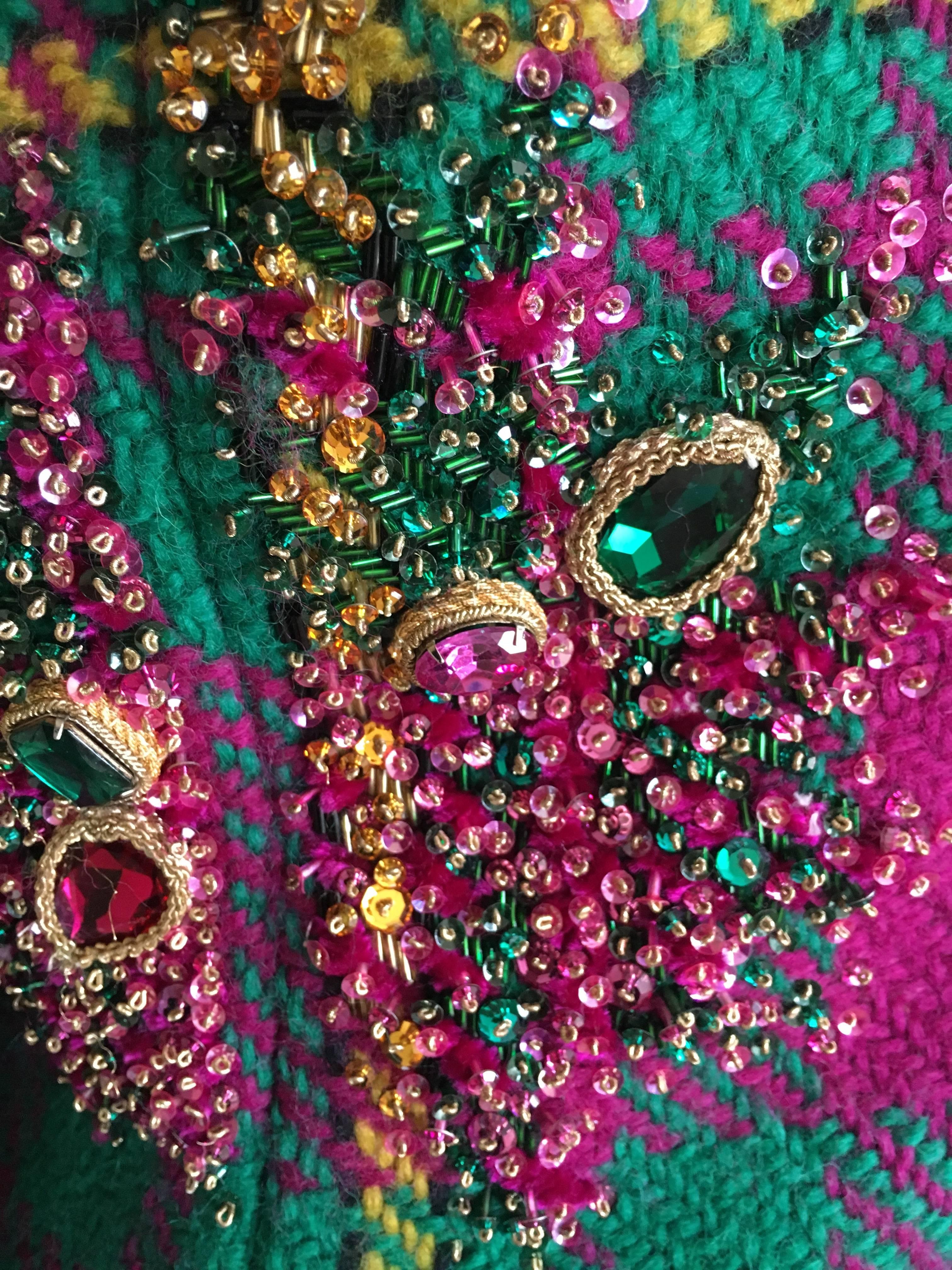 Oscar de la Renta 1980's Museum Exhibited Jewel Embellished Plaid Suit  In Excellent Condition For Sale In Cloverdale, CA