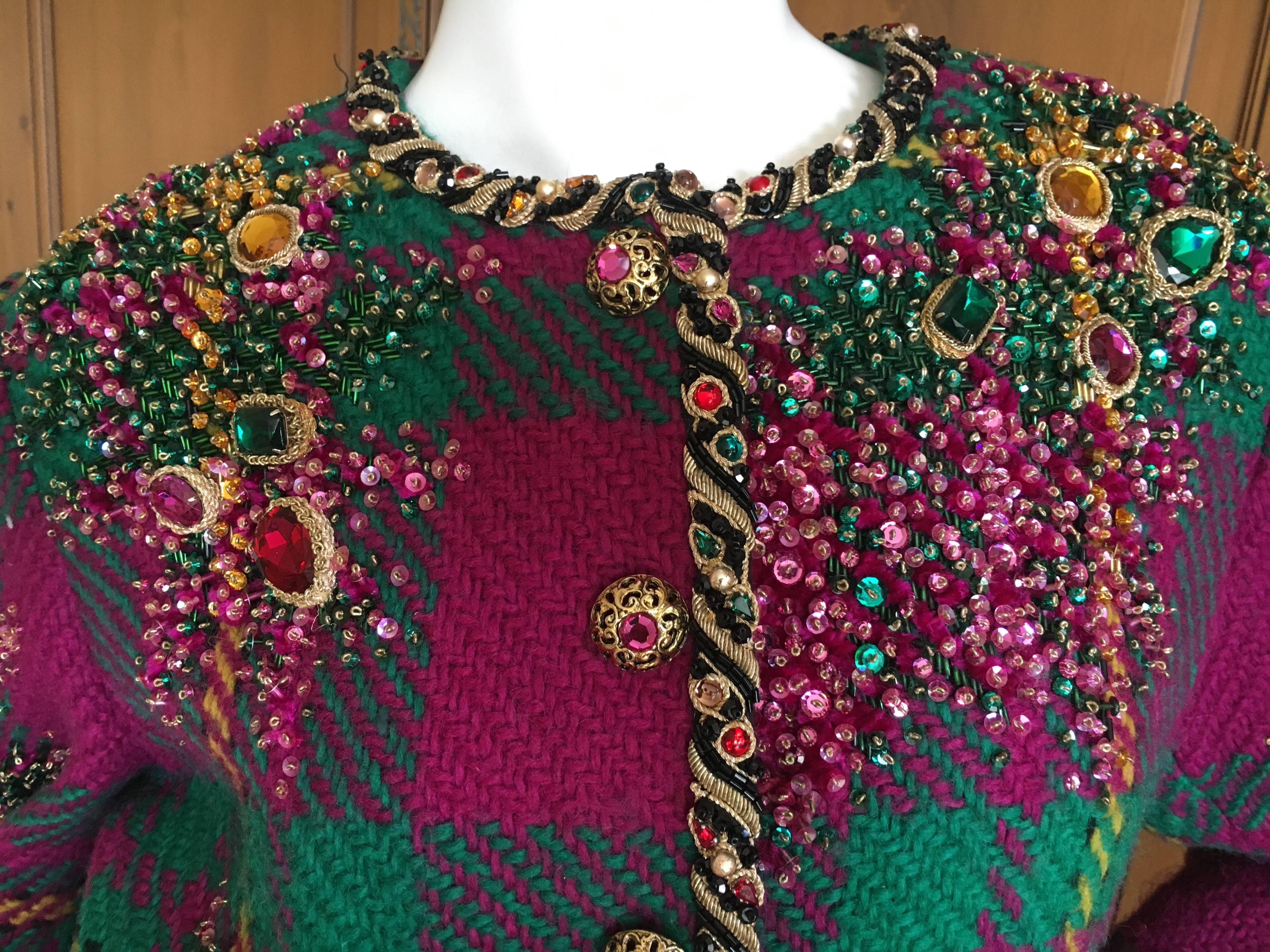 Women's Oscar de la Renta 1980's Museum Exhibited Jewel Embellished Plaid Suit  For Sale