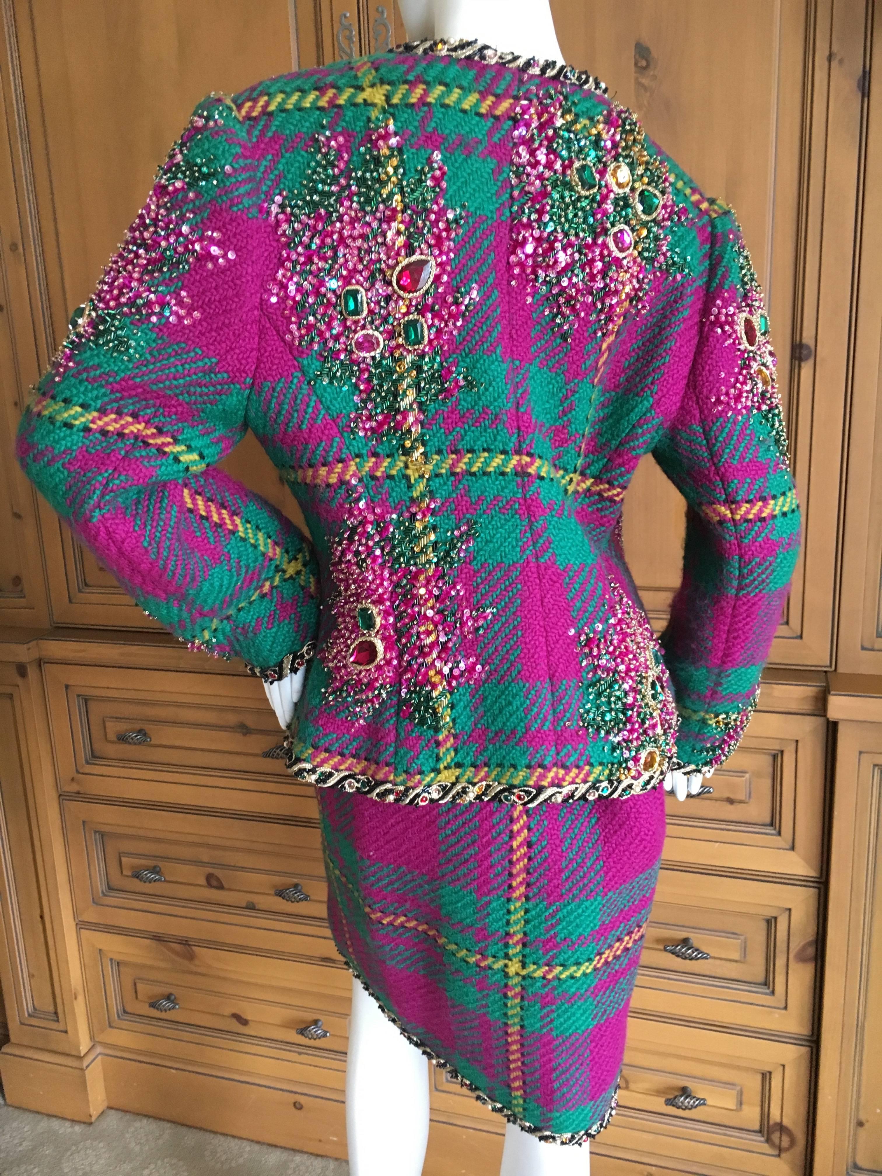Oscar de la Renta 1980's Museum Exhibited Jewel Embellished Plaid Suit  For Sale 1