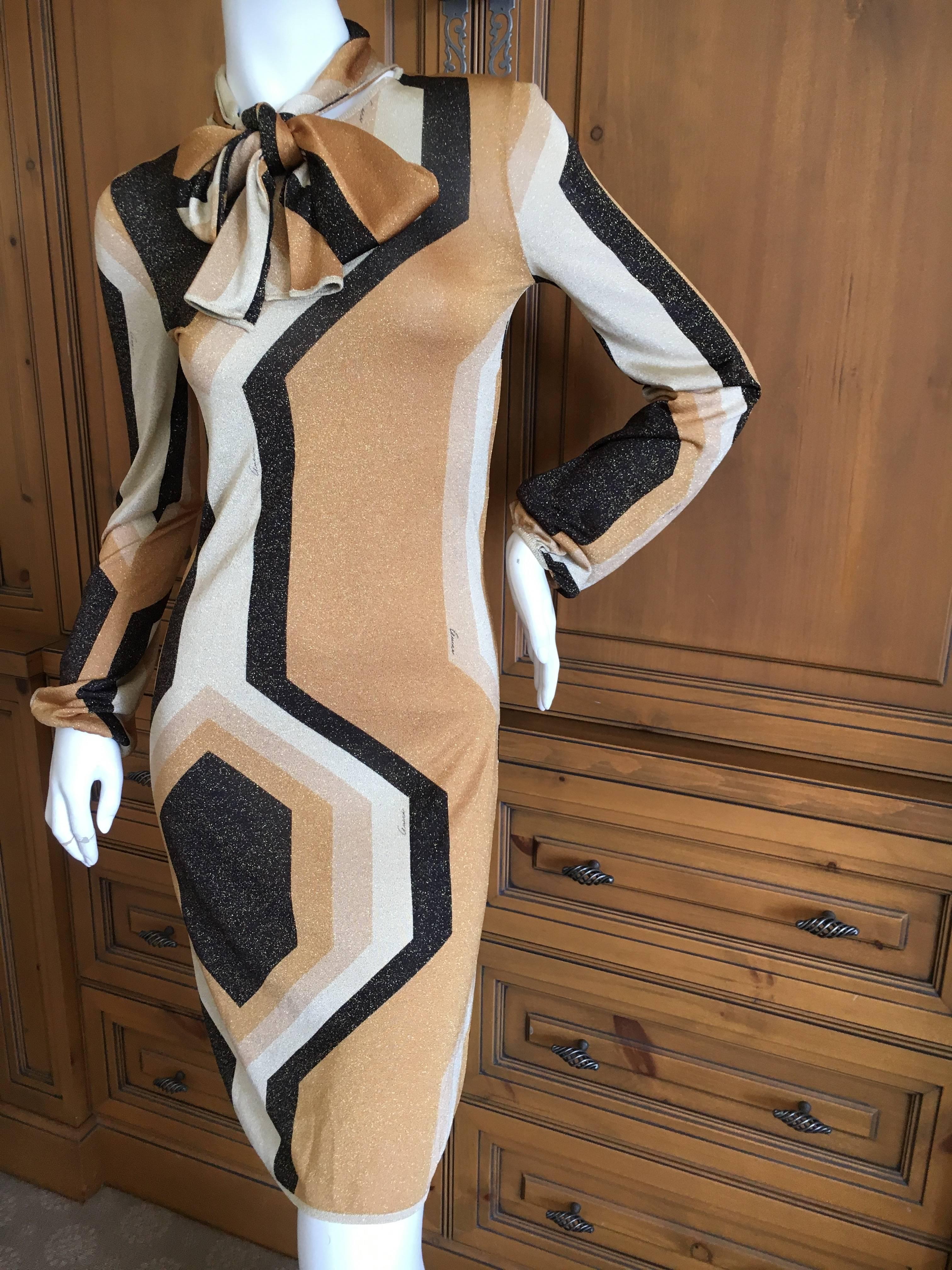 Gucci by Tom Ford Fall 2000 Gold Geometric Print Dress with Pussy Bow In Excellent Condition For Sale In Cloverdale, CA