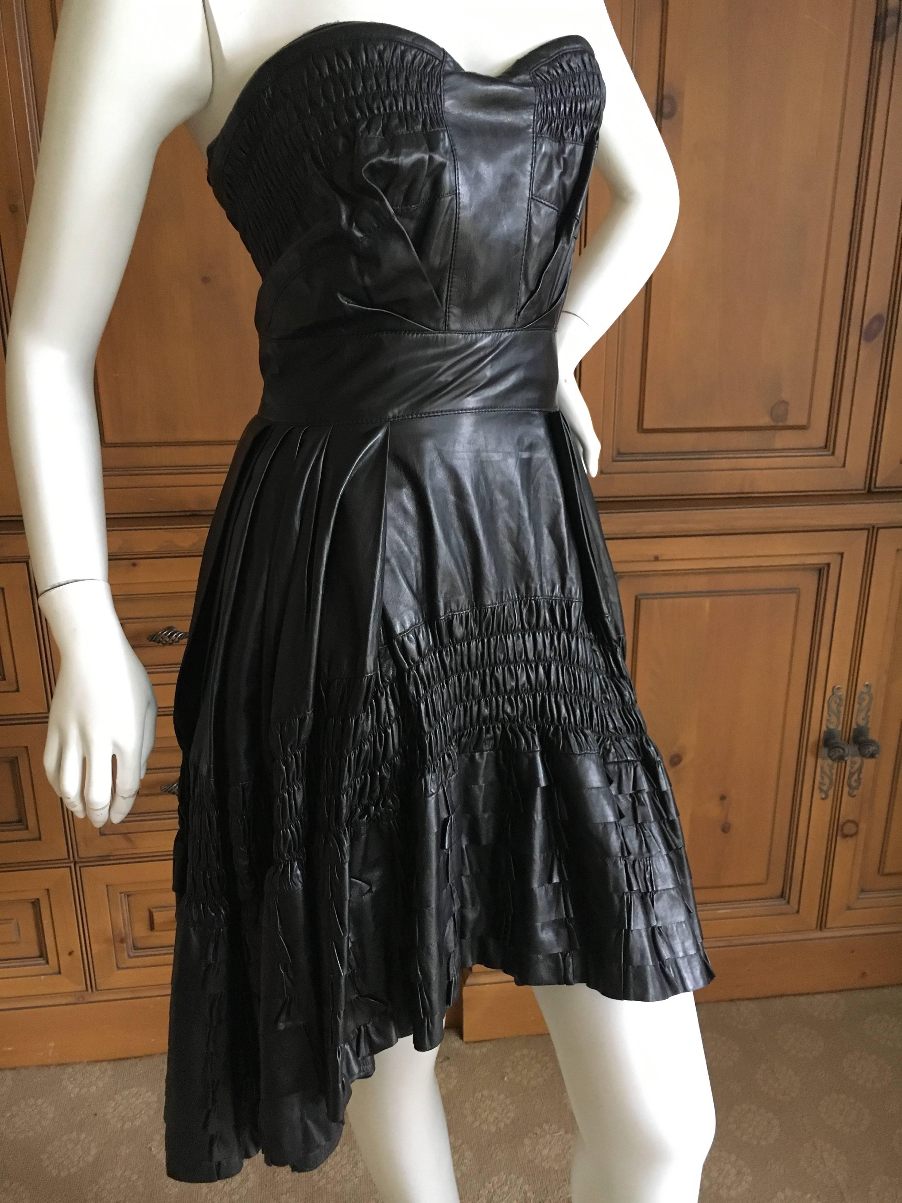 Christian Dior by John Galliano Fall 2010 Black Leather Pleated Ruffle Dress In Excellent Condition For Sale In Cloverdale, CA