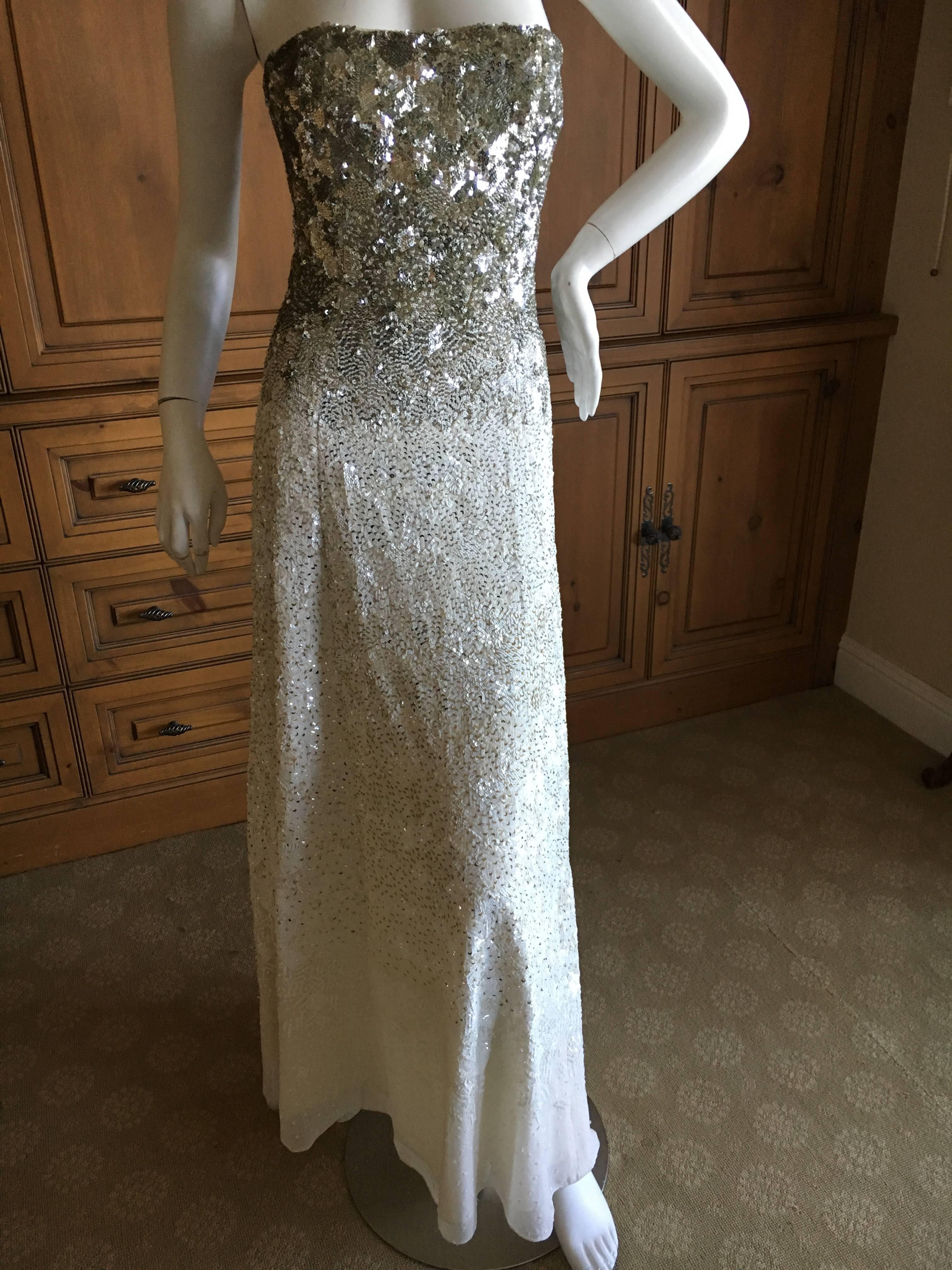 Gray Oscar de la Renta Strapless Silver White Built in Corset Sequin Evening Dress For Sale