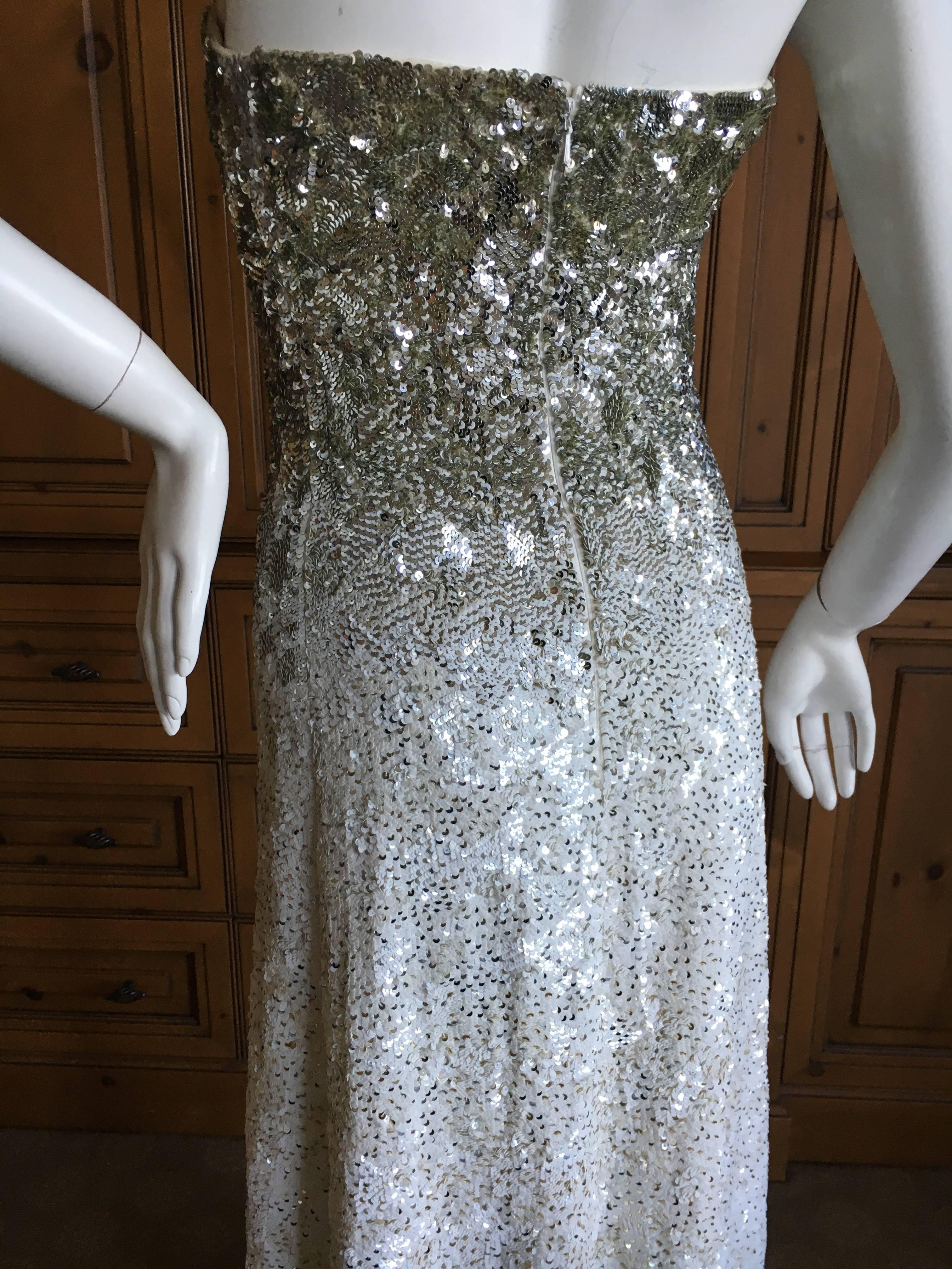 Oscar de la Renta Strapless Silver White Built in Corset Sequin Evening Dress For Sale 2