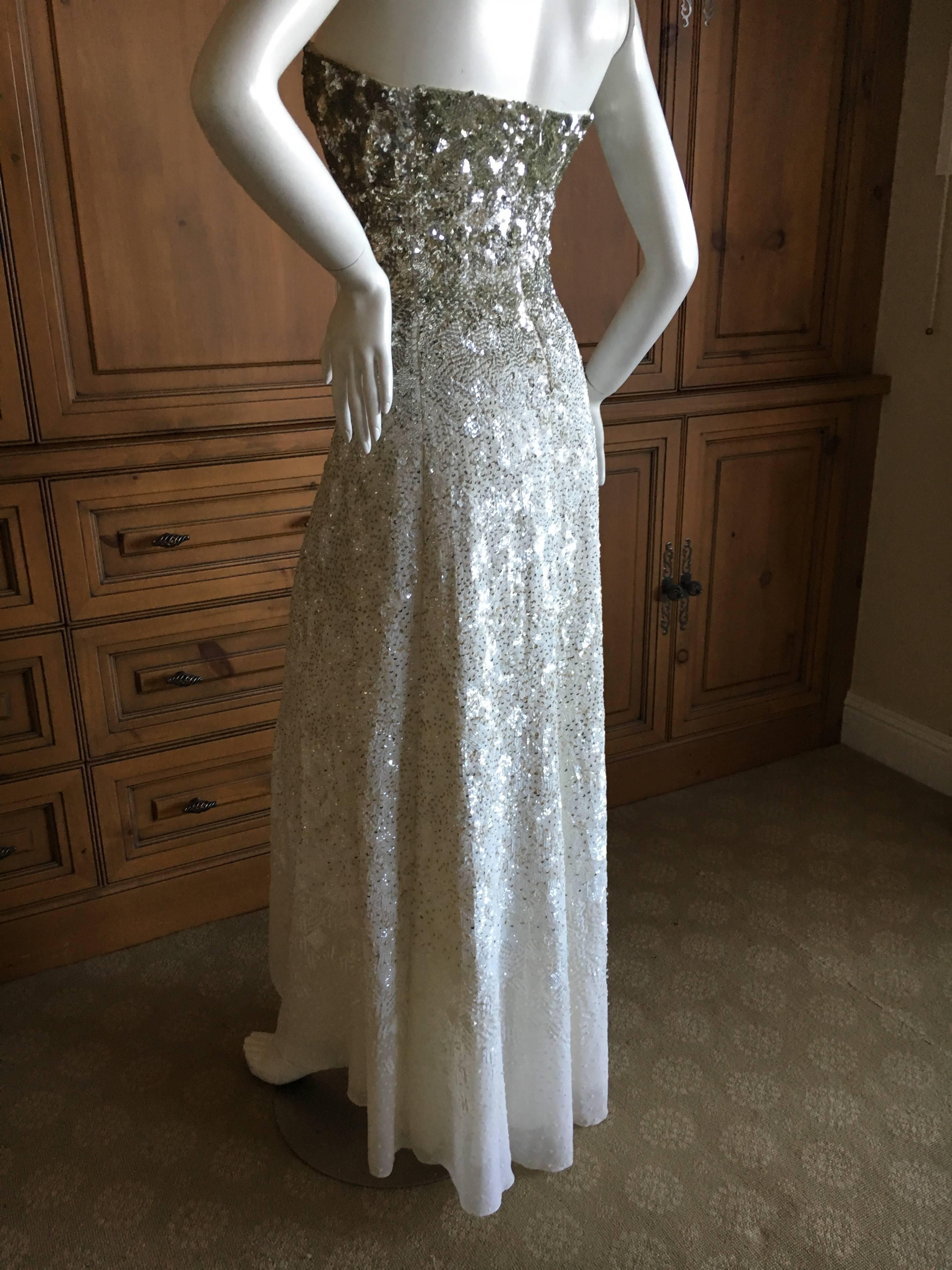 Oscar de la Renta Strapless Silver White Built in Corset Sequin Evening Dress For Sale 4