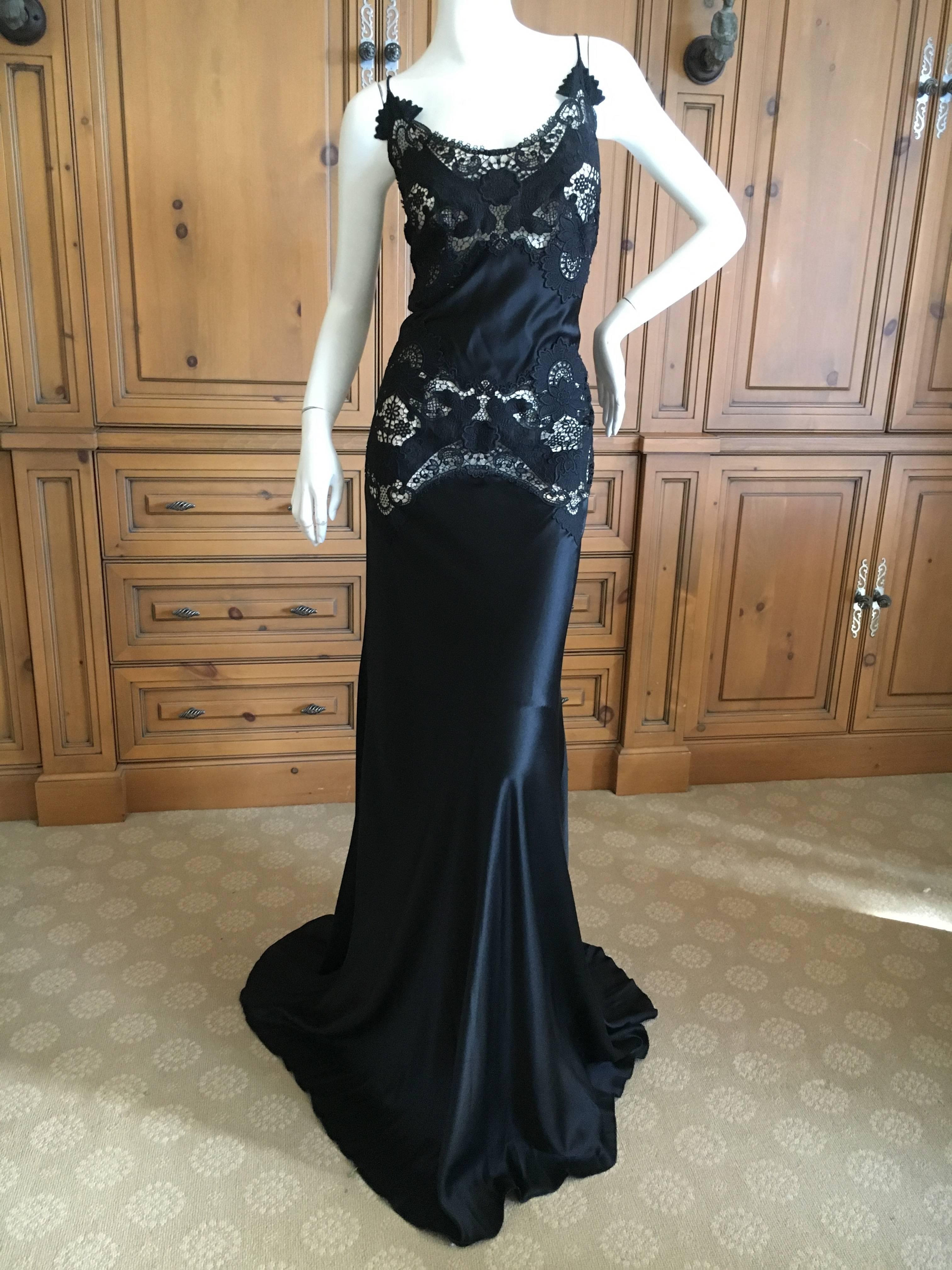 Alexander McQueen Black Evening Dress with Sheer Guipure Lace Details 2004 Sz 46 In New Condition For Sale In Cloverdale, CA