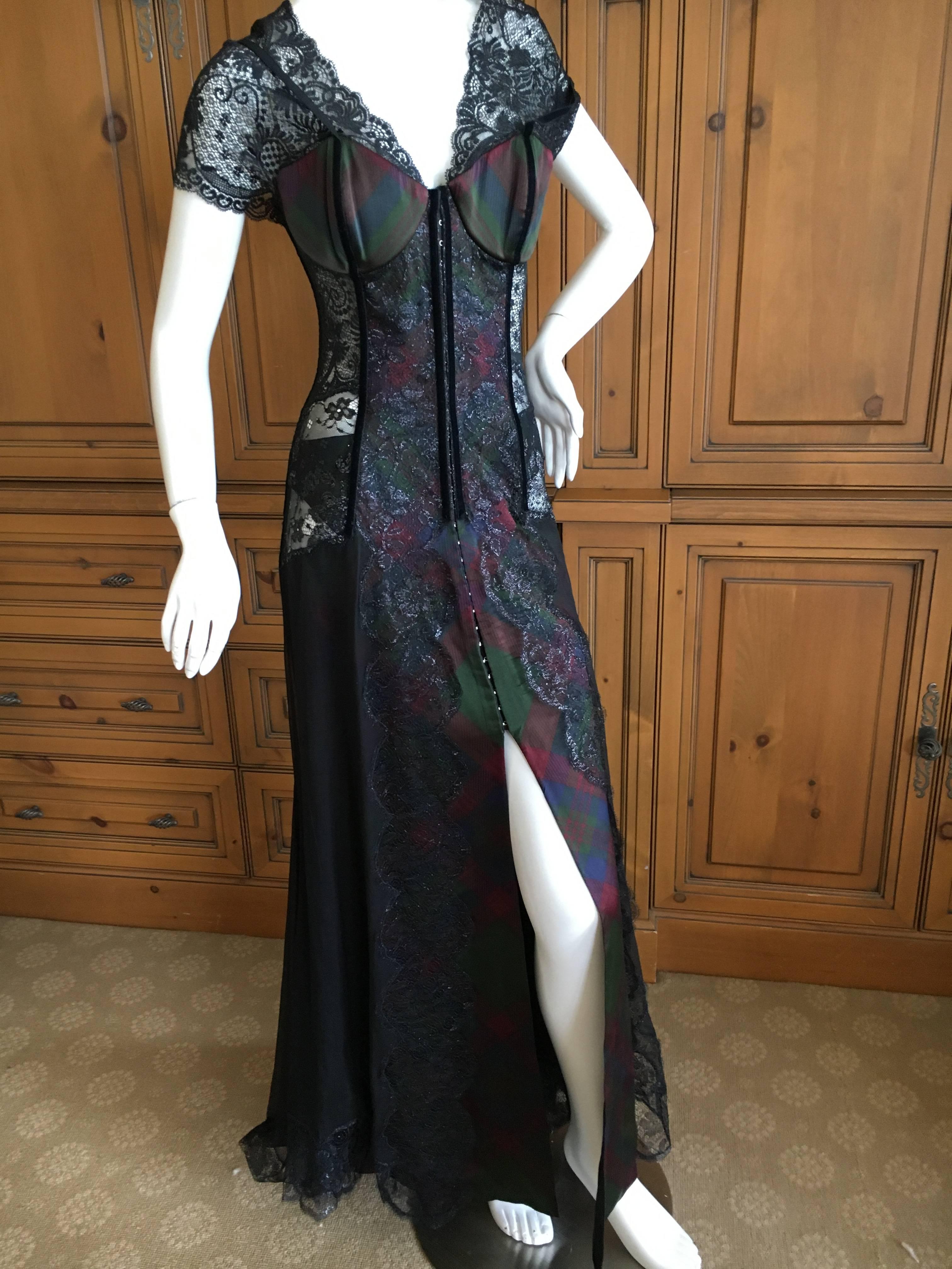 Black Christian Dior Gianfranco Ferre Final Collection Plaid Lace Evening Dress, 1996  For Sale