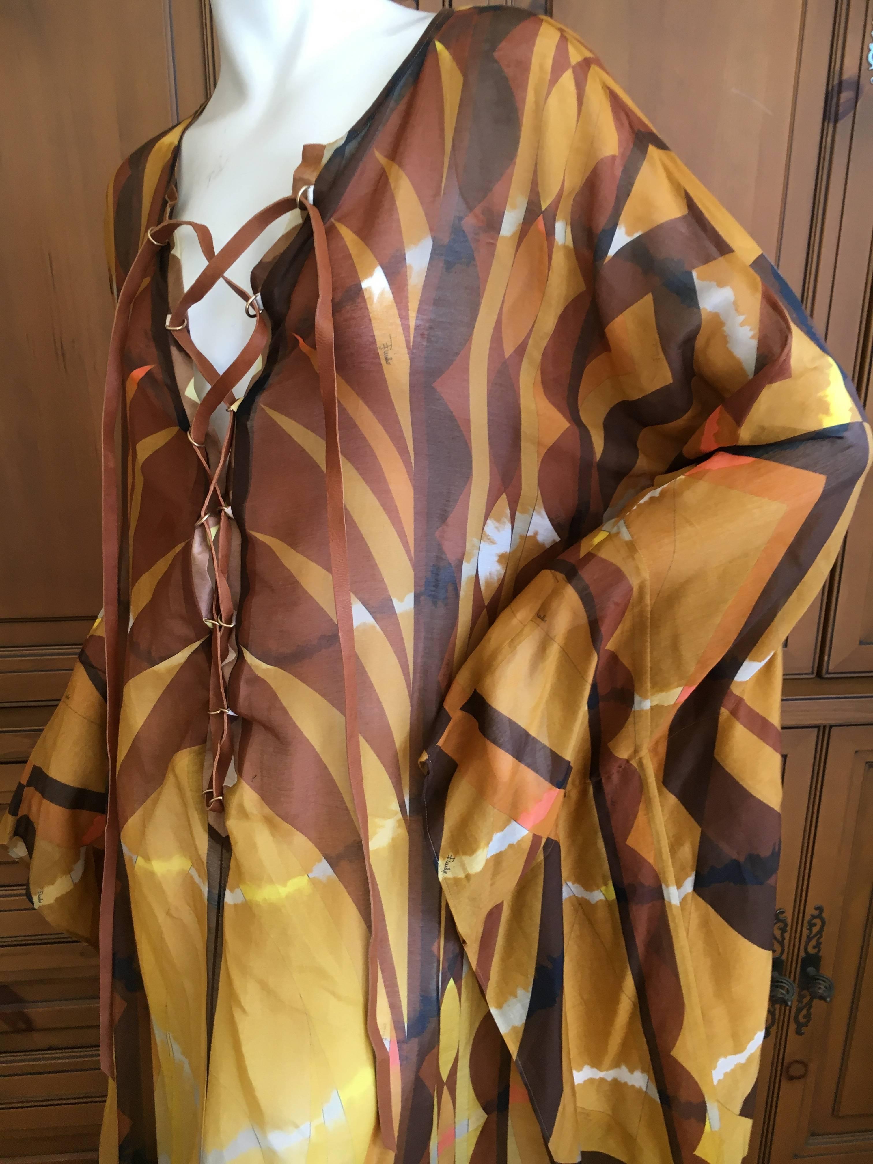 Emilio Pucci Sheer Patterned Caftan with Leather Lace Up Straps New with Tags For Sale 2