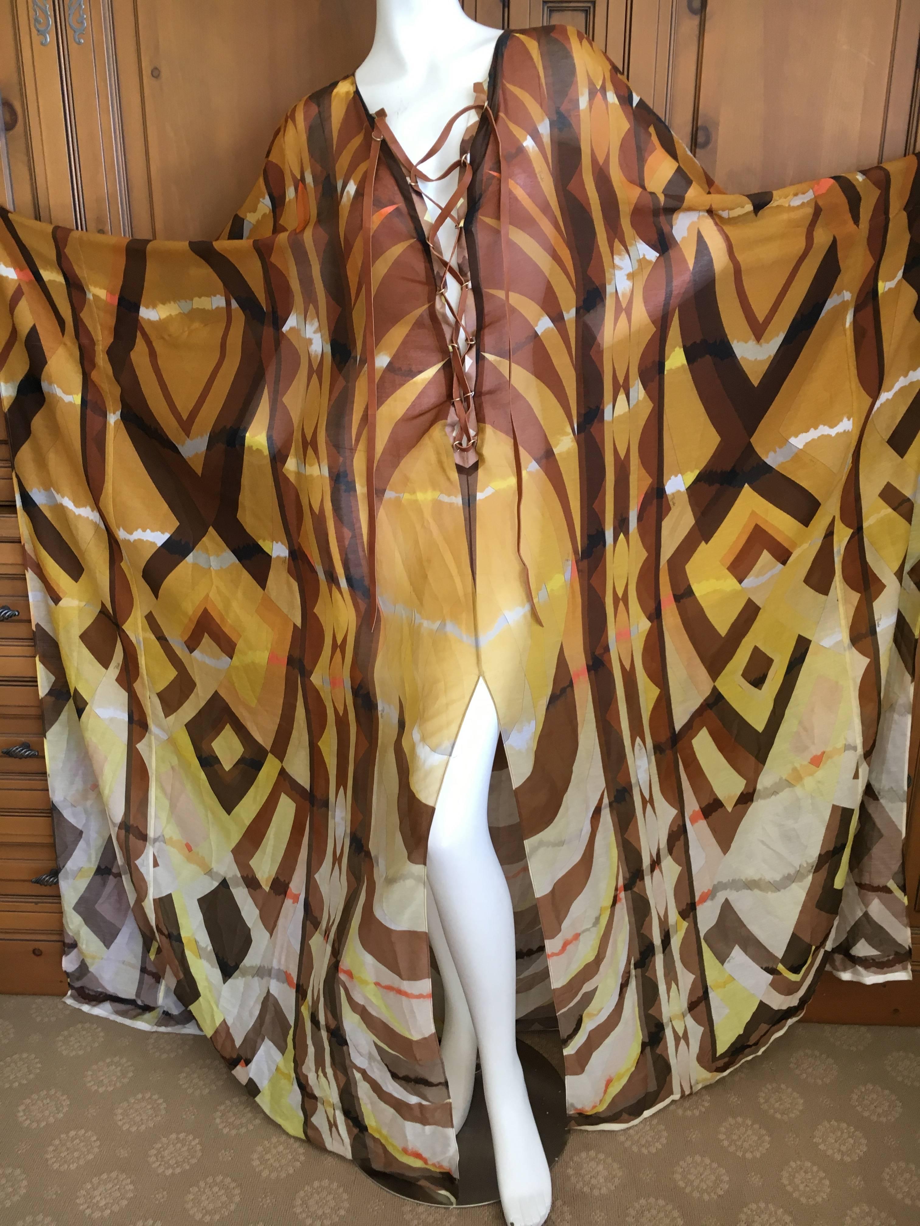 Emilio Pucci Sheer Patterned Caftan with Leather Lace Up Straps New with Tags For Sale 4