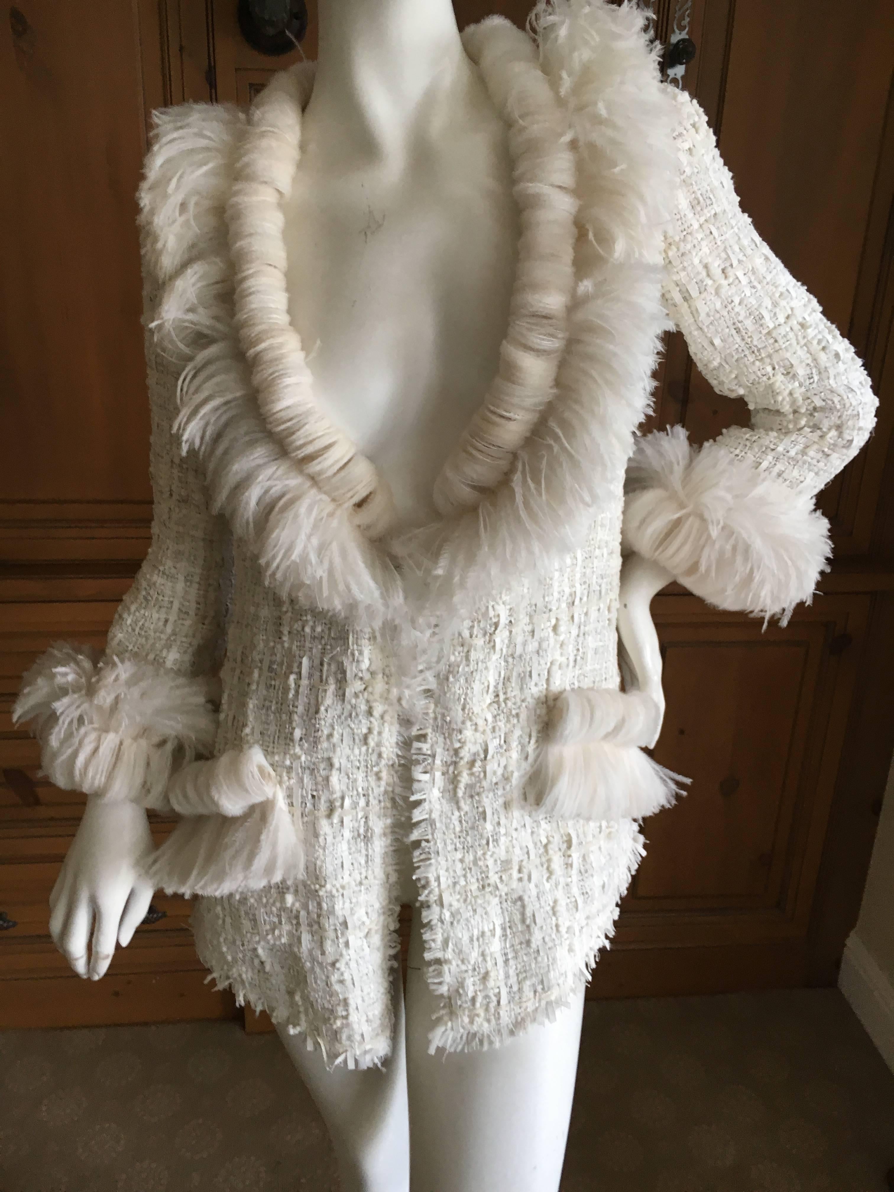 Chanel Maison Lemarié Feather Trim Fantasy Tweed Fringed Jacket In Excellent Condition In Cloverdale, CA