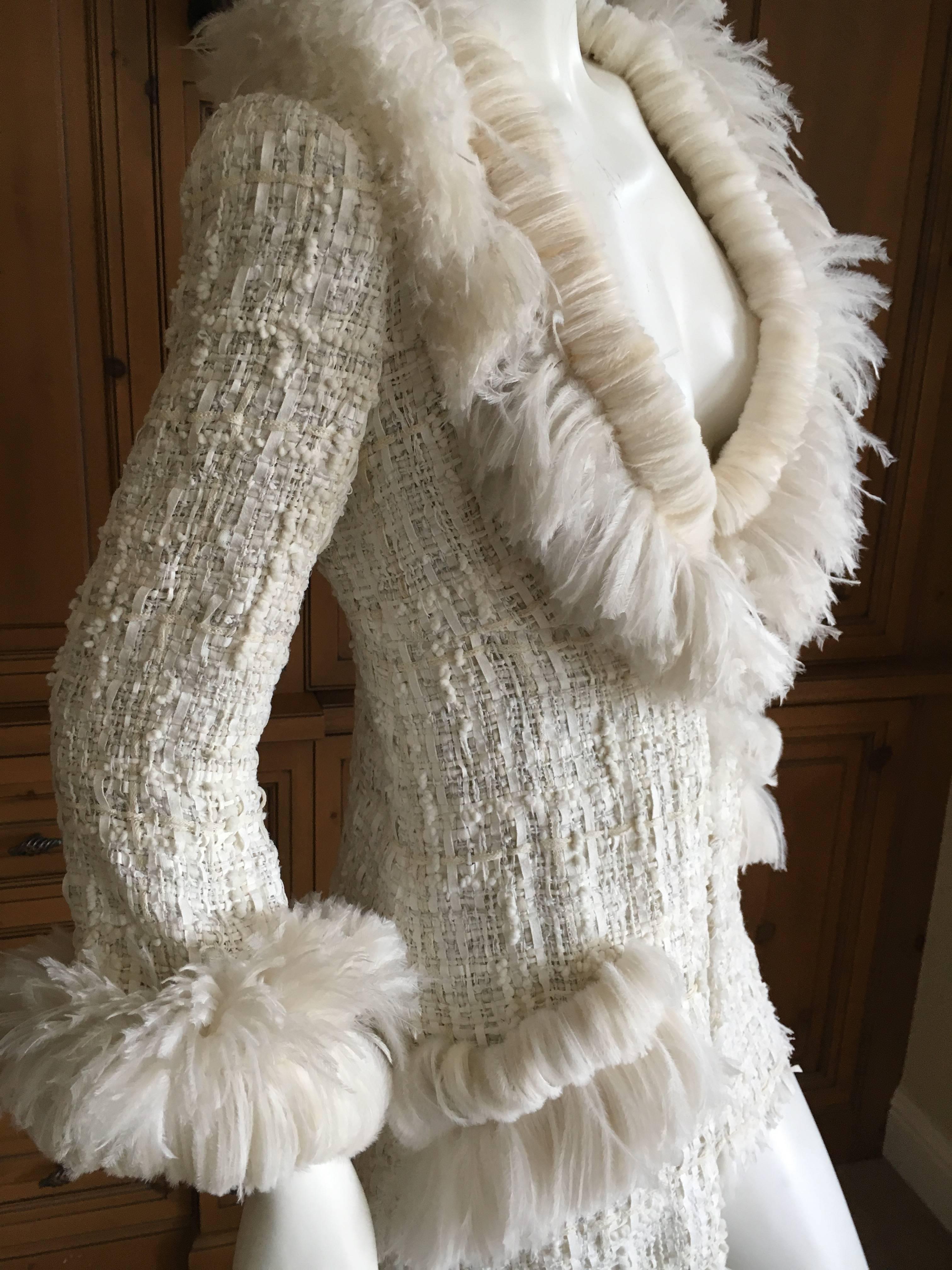 Chanel Maison Lemarié Feather Trim Fantasy Tweed Fringed Jacket 1