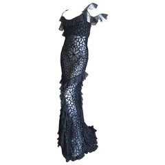 John Galliano Black Devore Velvet Ruffled Bias Cut Evening Gown