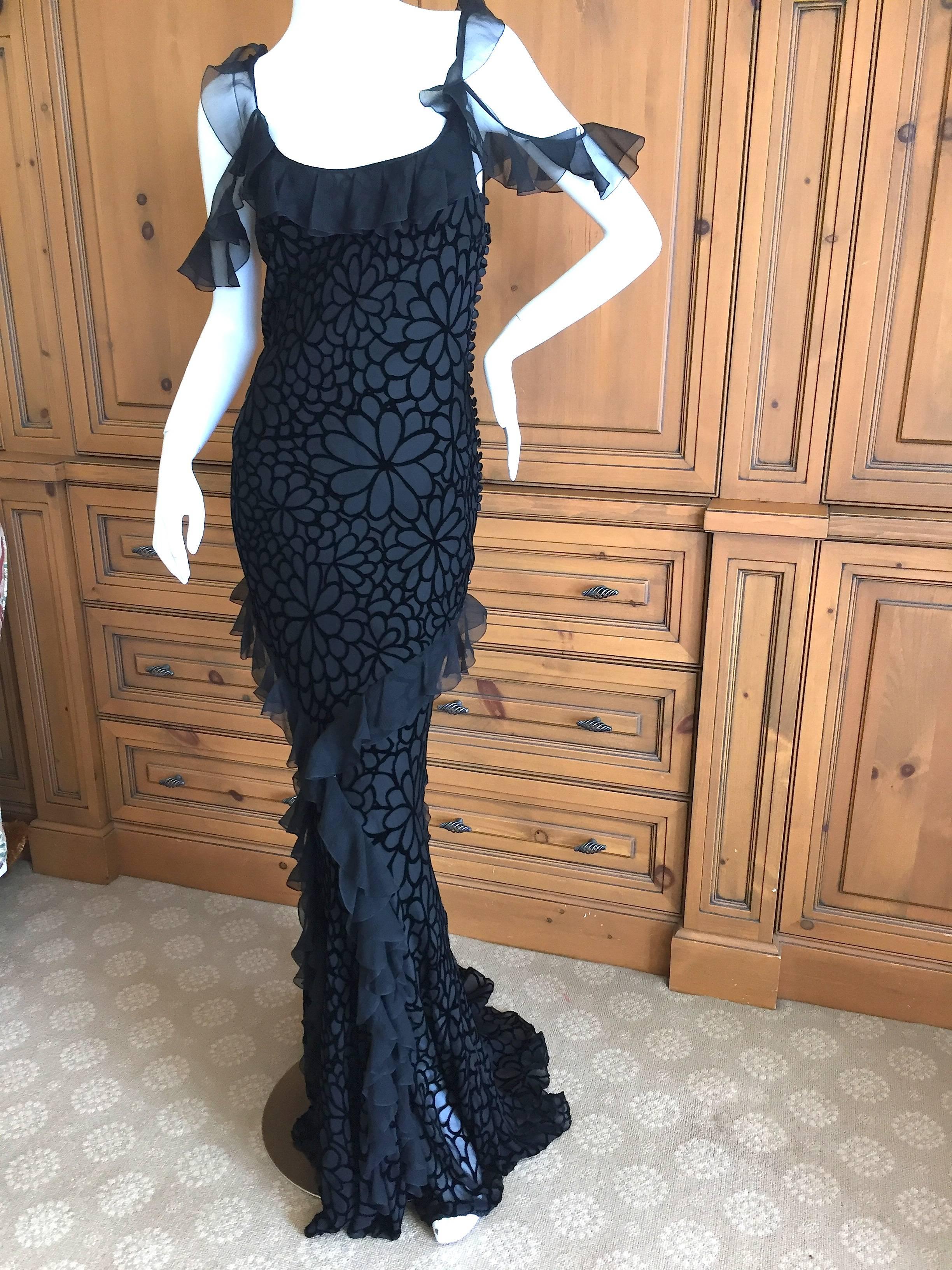 John Galliano Black Devore Velvet Ruffled Bias Cut Evening Gown In Excellent Condition In Cloverdale, CA