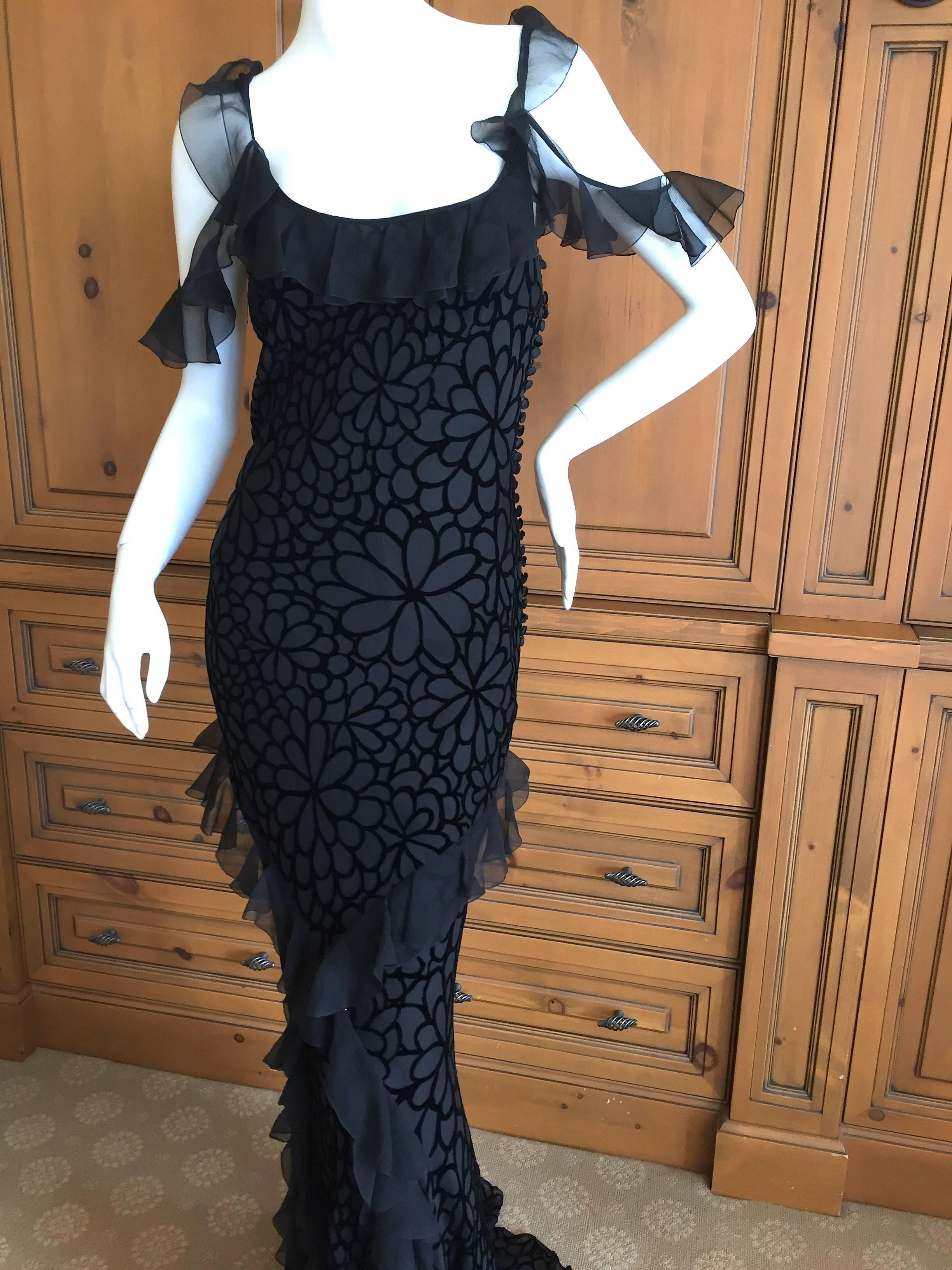 Women's John Galliano Black Devore Velvet Ruffled Bias Cut Evening Gown