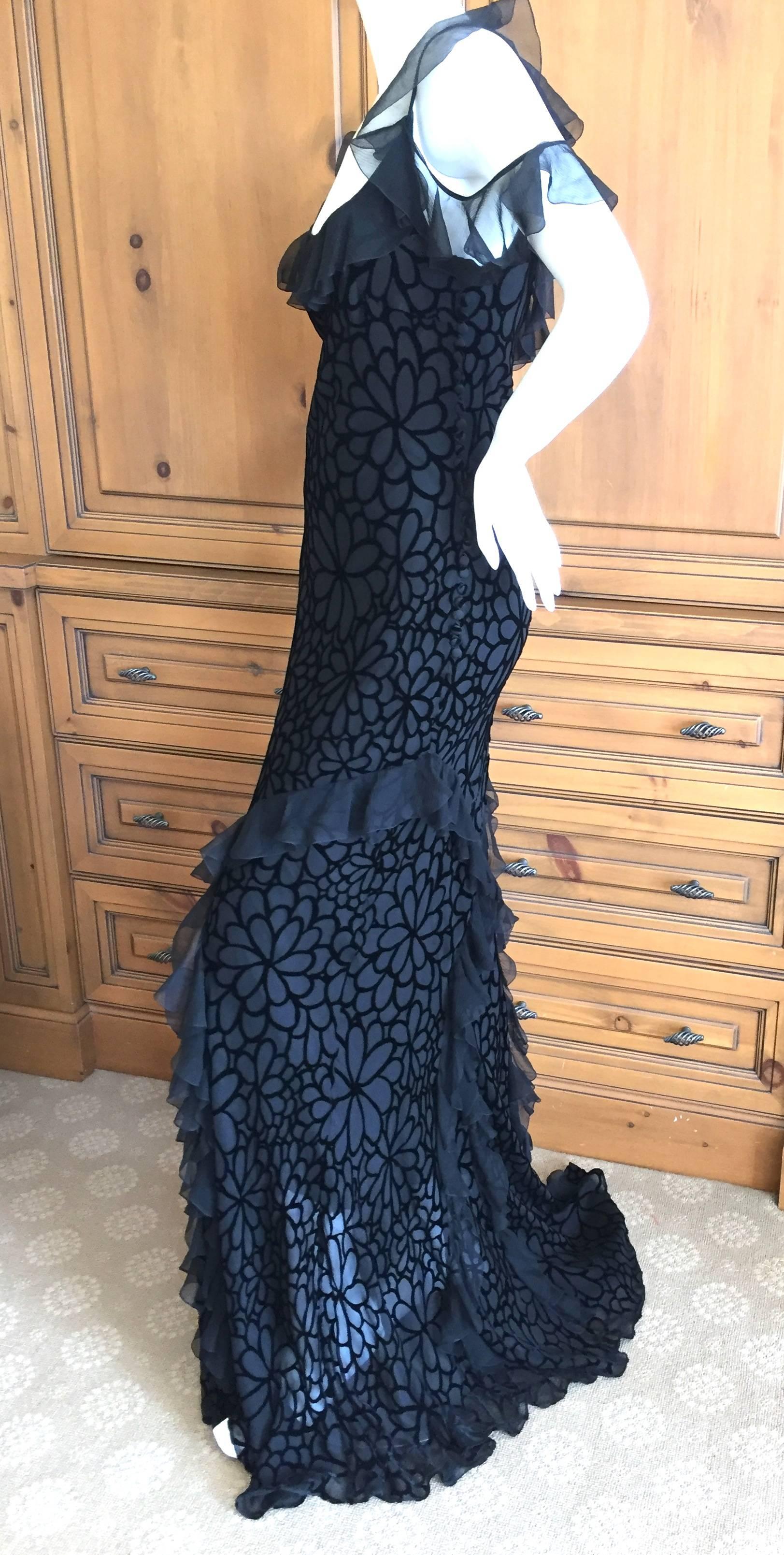 John Galliano Black Devore Velvet Ruffled Bias Cut Evening Gown 2
