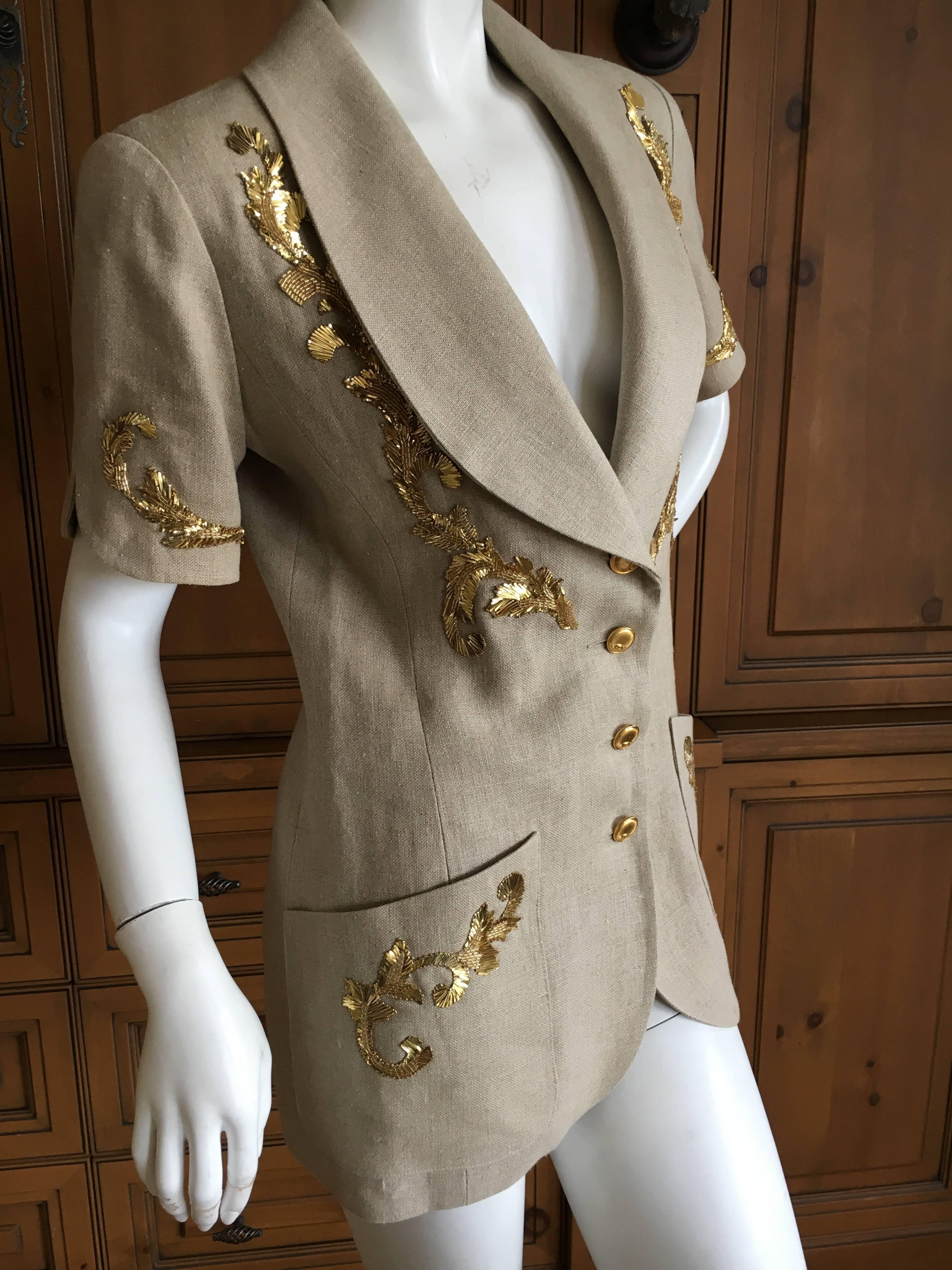 Chanel Vintage Linen Jacket with Lesage Gold Baroque Details In Excellent Condition For Sale In Cloverdale, CA