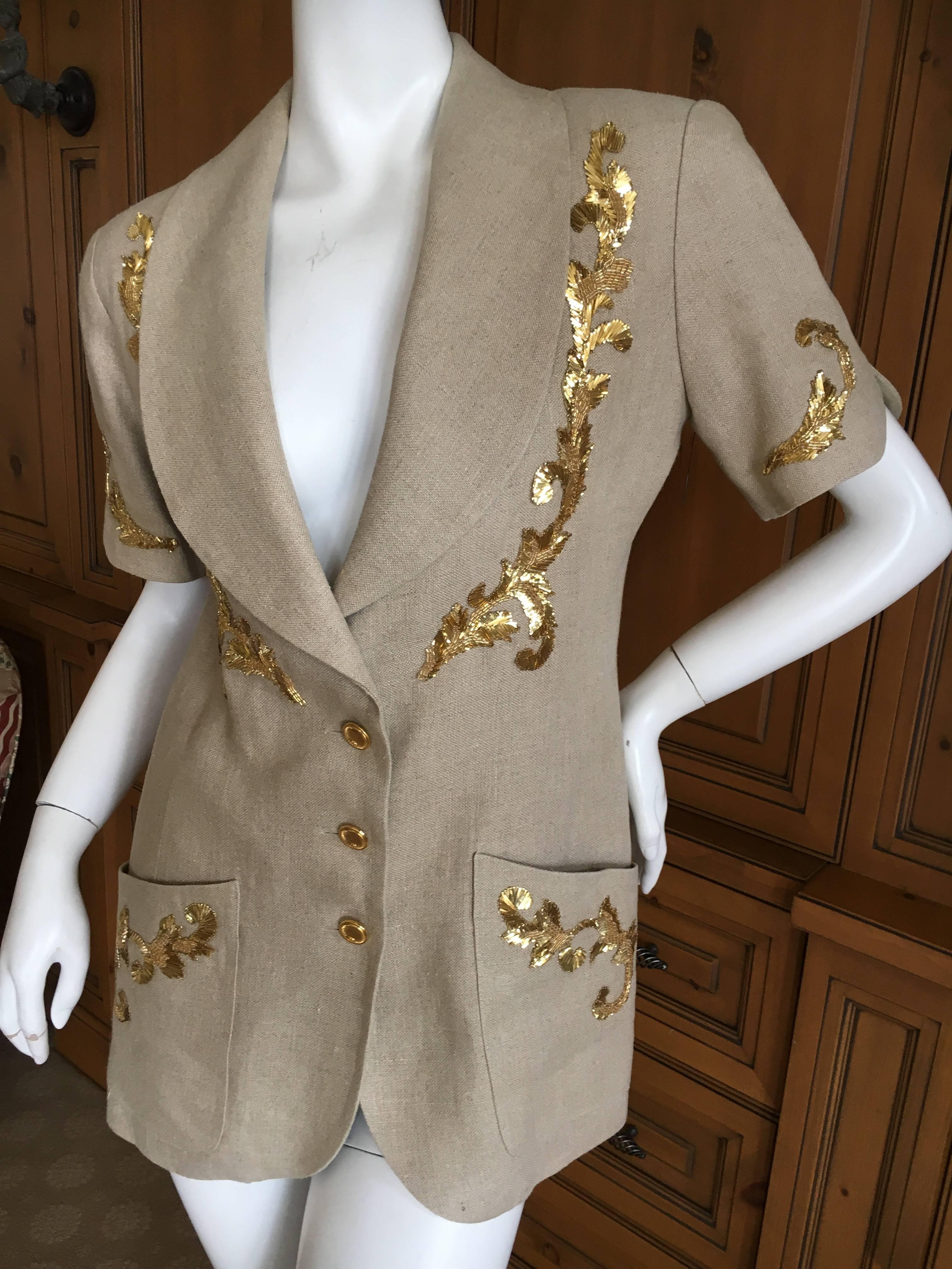 Chanel Vintage Linen Jacket with Lesage Gold Baroque Details For Sale 1