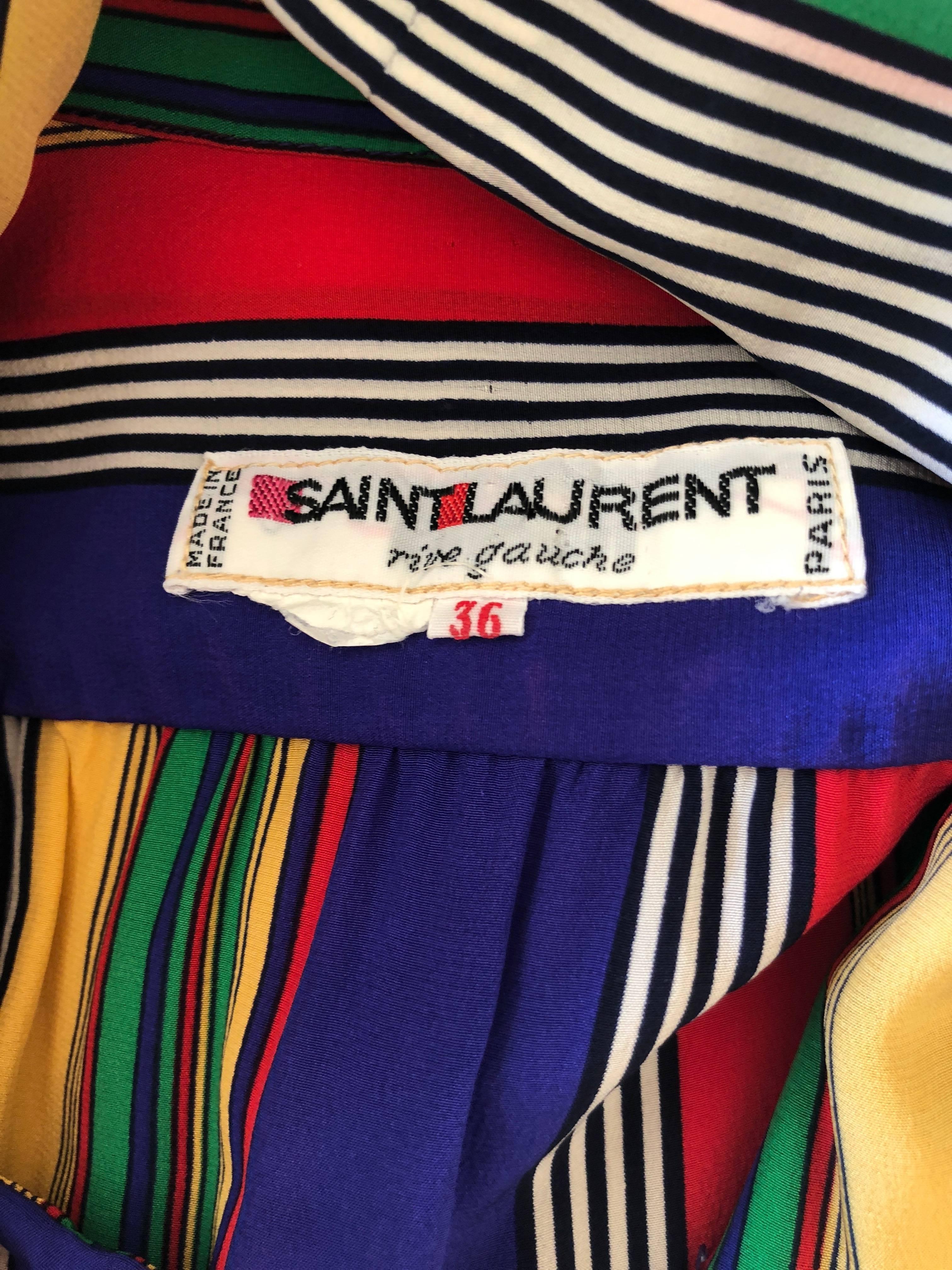Yves Saint Laurent Rive Gauche 1970's Stripe Silk Day Dress with Bow For Sale 6