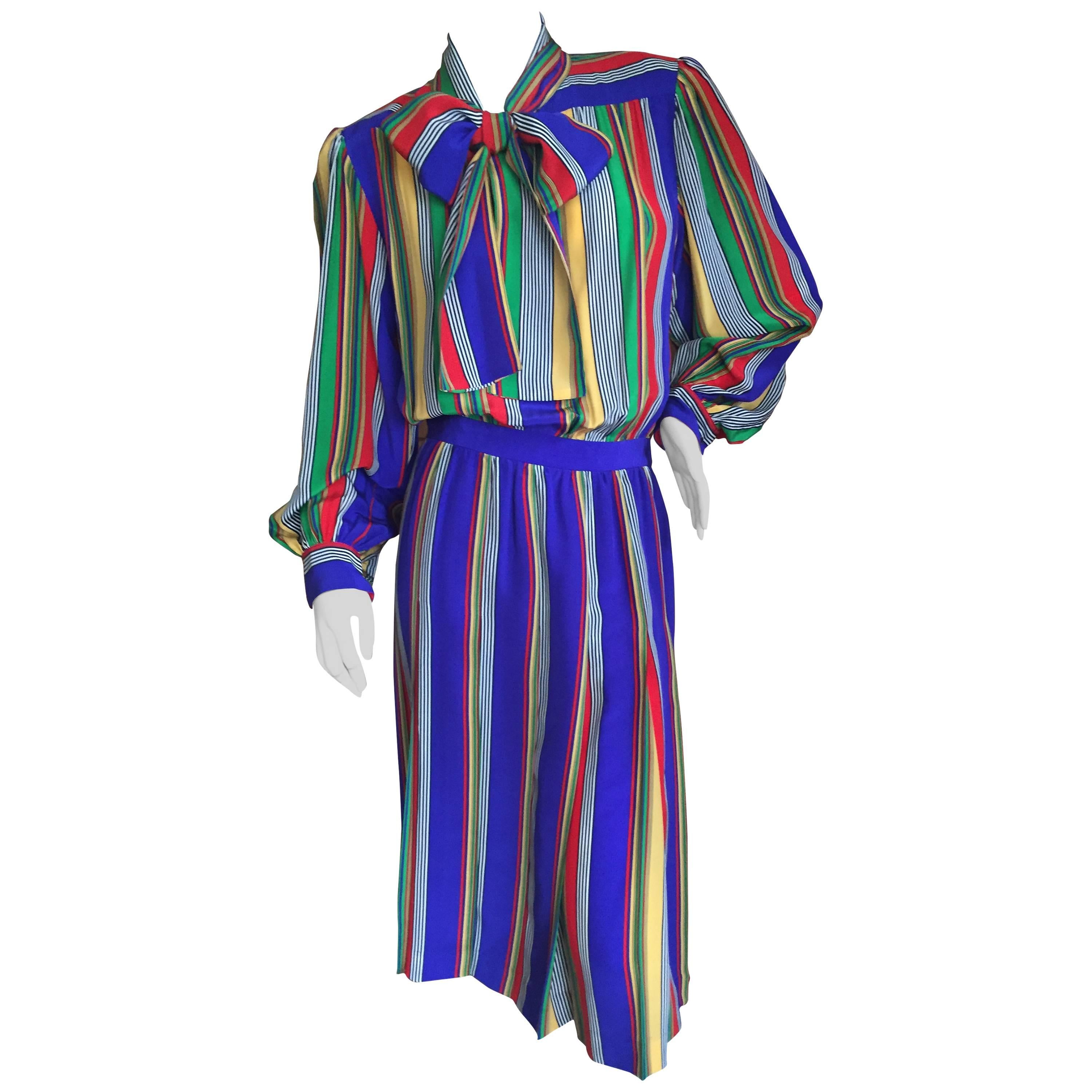 Yves Saint Laurent Rive Gauche 1970's Stripe Silk Day Dress with Bow For Sale