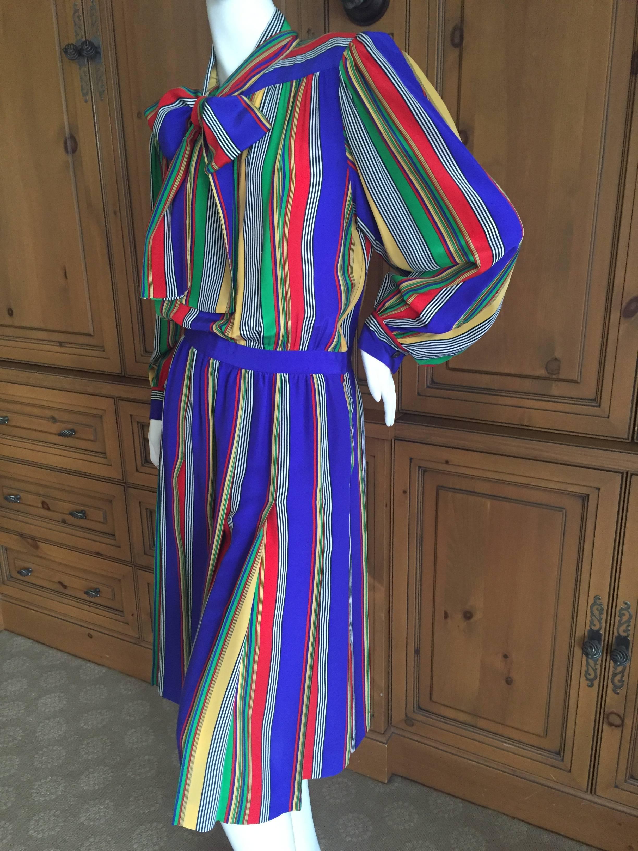 Yves Saint Laurent Rive Gauche 1970's Stripe Silk Day Dress with Bow In Excellent Condition For Sale In Cloverdale, CA
