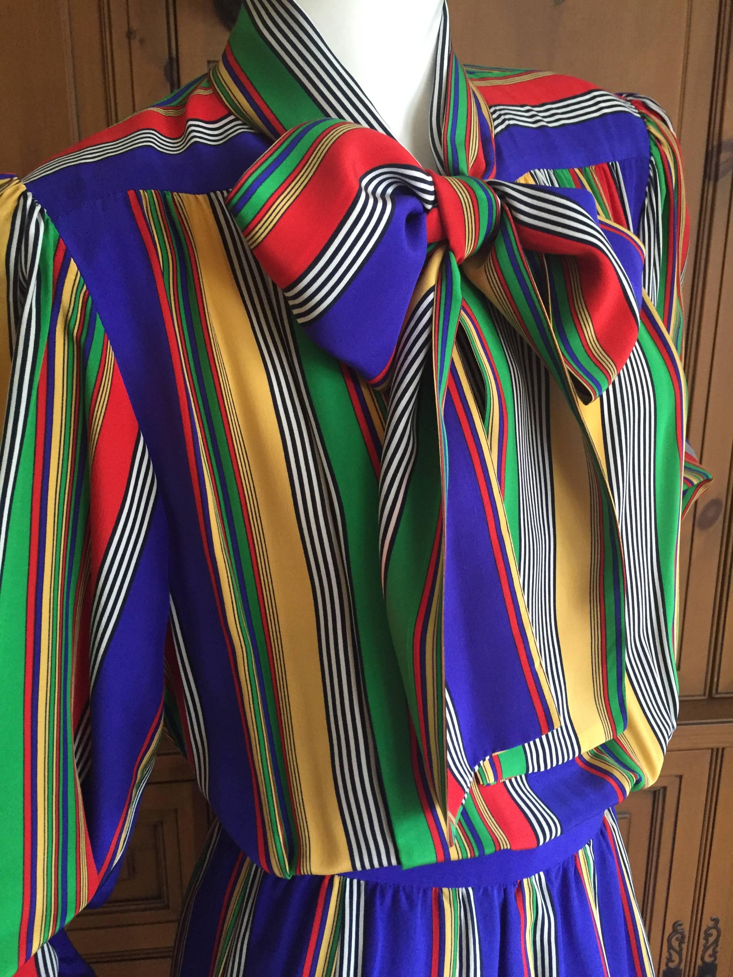 Women's Yves Saint Laurent Rive Gauche 1970's Stripe Silk Day Dress with Bow For Sale