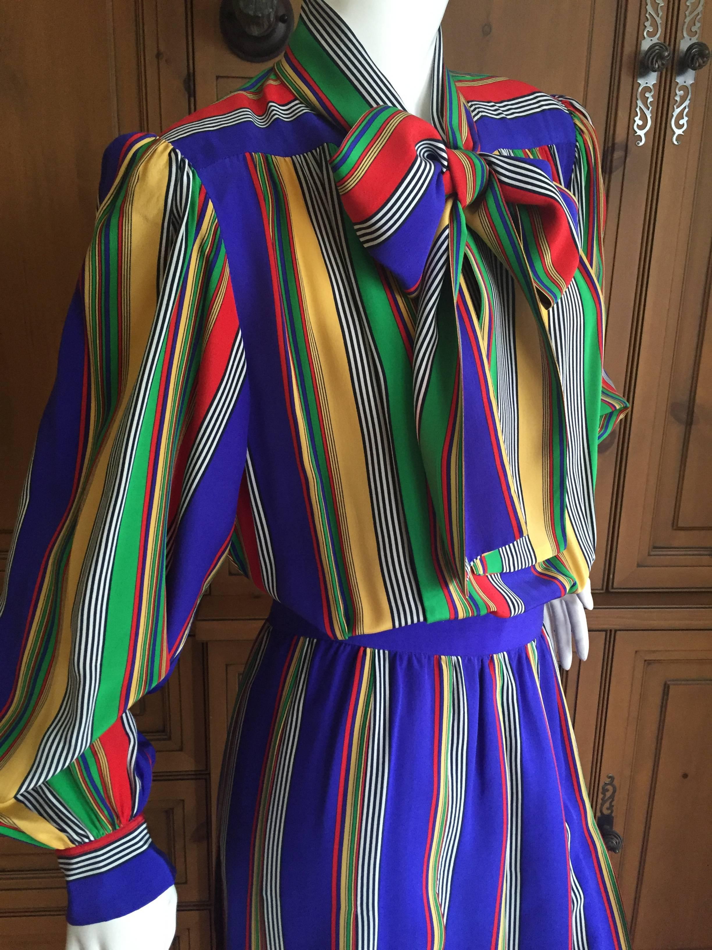 Yves Saint Laurent Rive Gauche 1970's Stripe Silk Day Dress with Bow For Sale 1