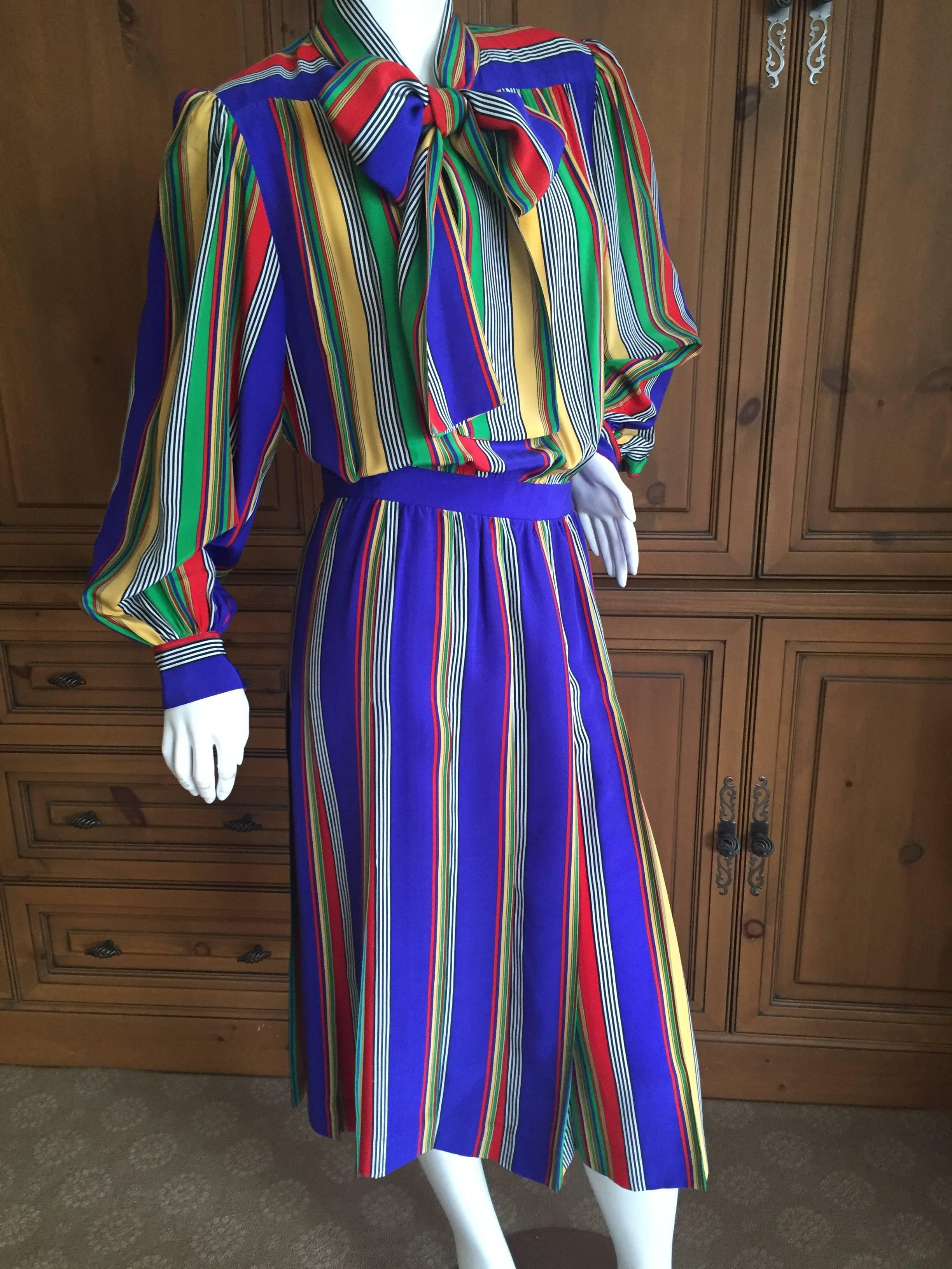 Yves Saint Laurent Rive Gauche 1970's Stripe Silk Day Dress with Bow For Sale 2